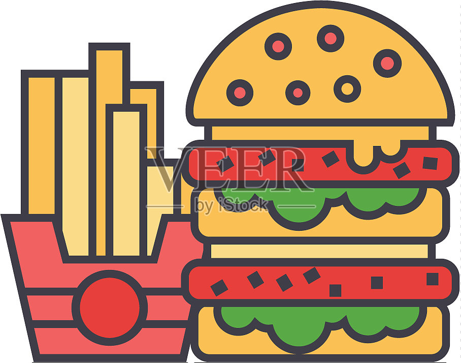 快餐汉堡和炸薯条的概念线插画图片素材