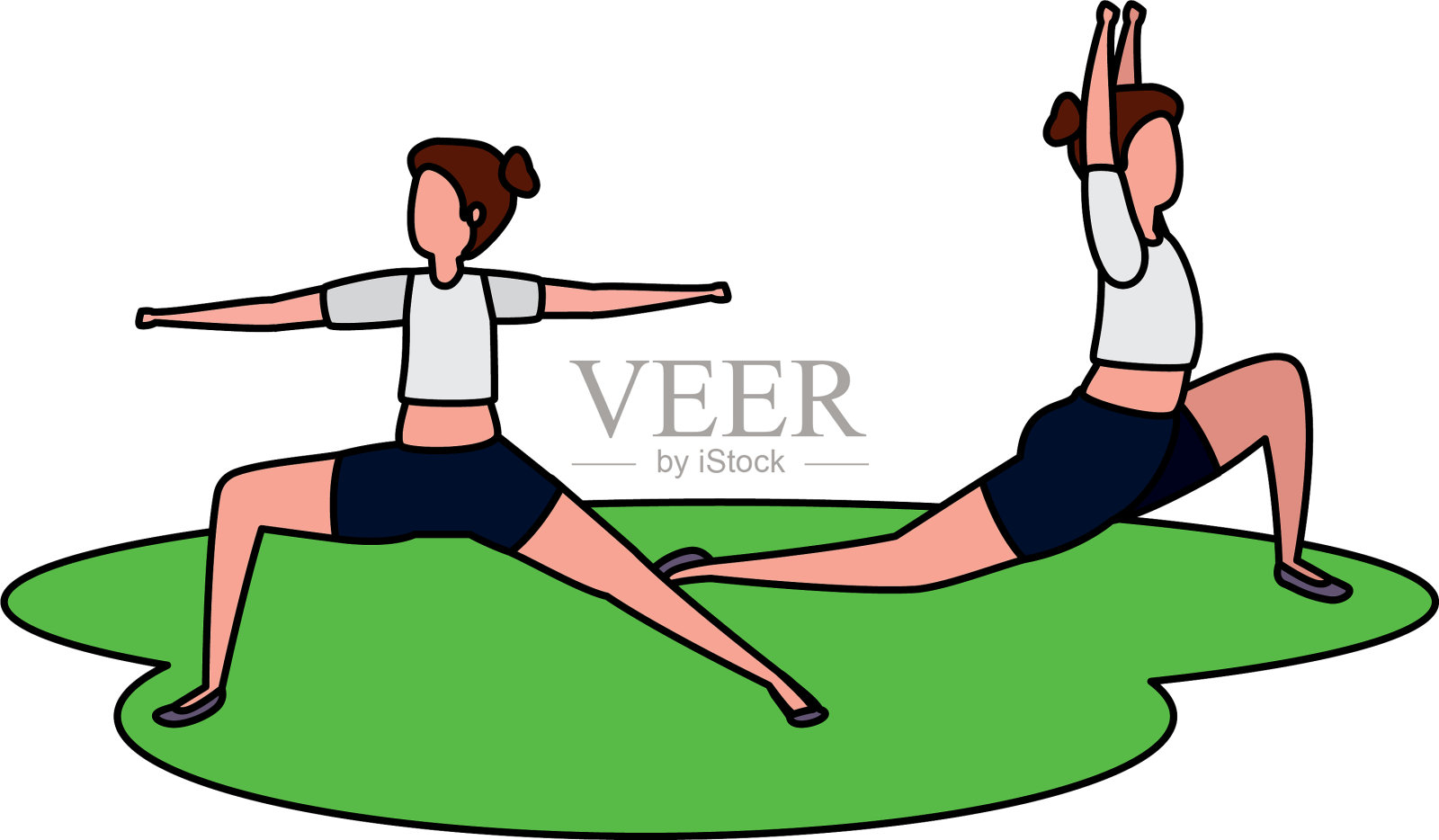 美丽女孩夫妇在草地上练习普拉提设计元素图片