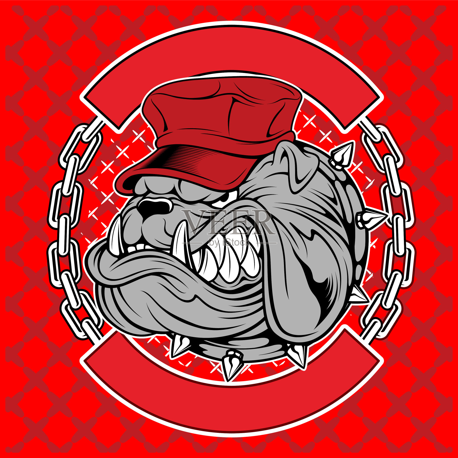 牛头犬戴着帽子和链子插画图片素材
