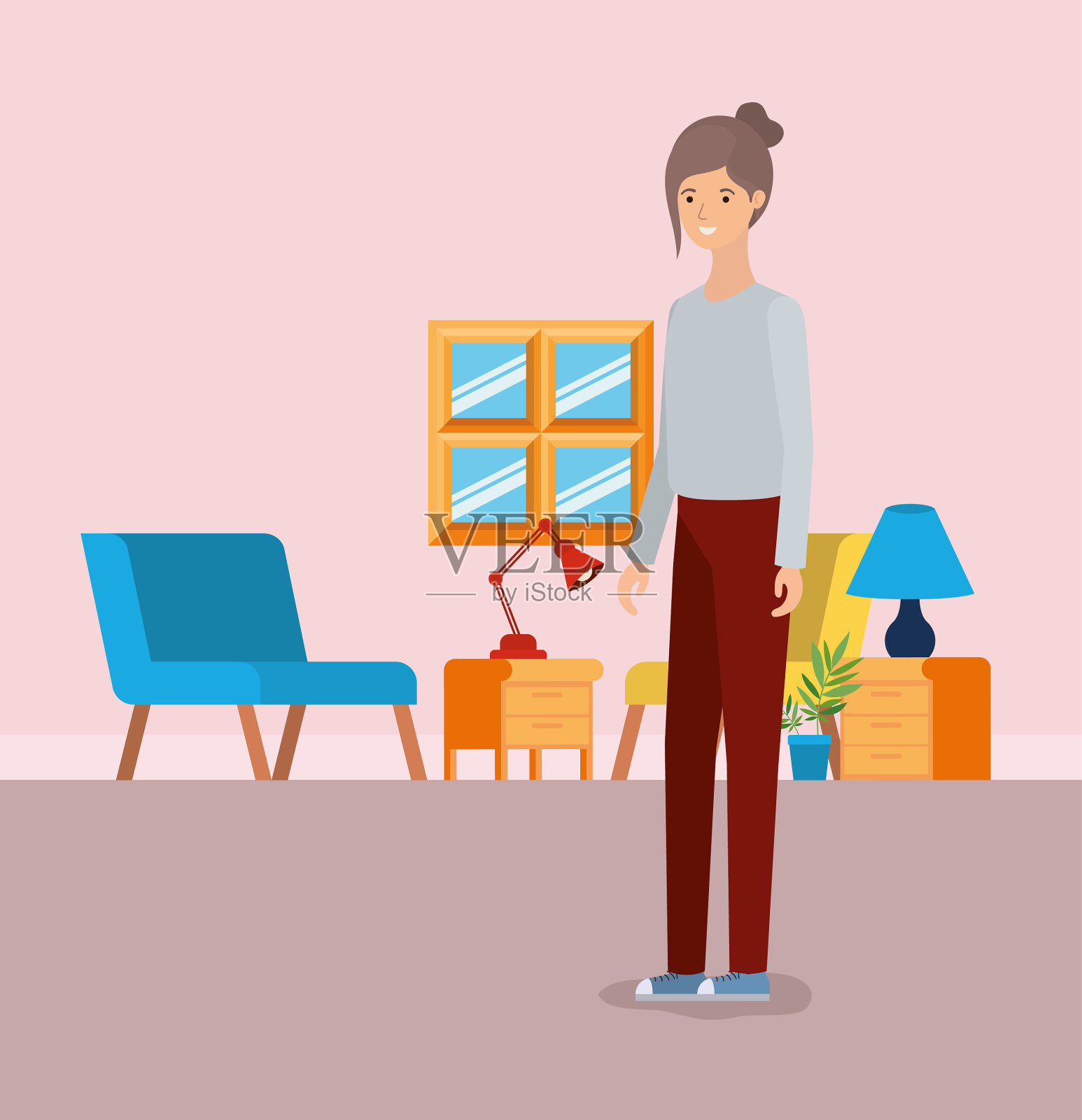女孩在客厅设计插画图片素材