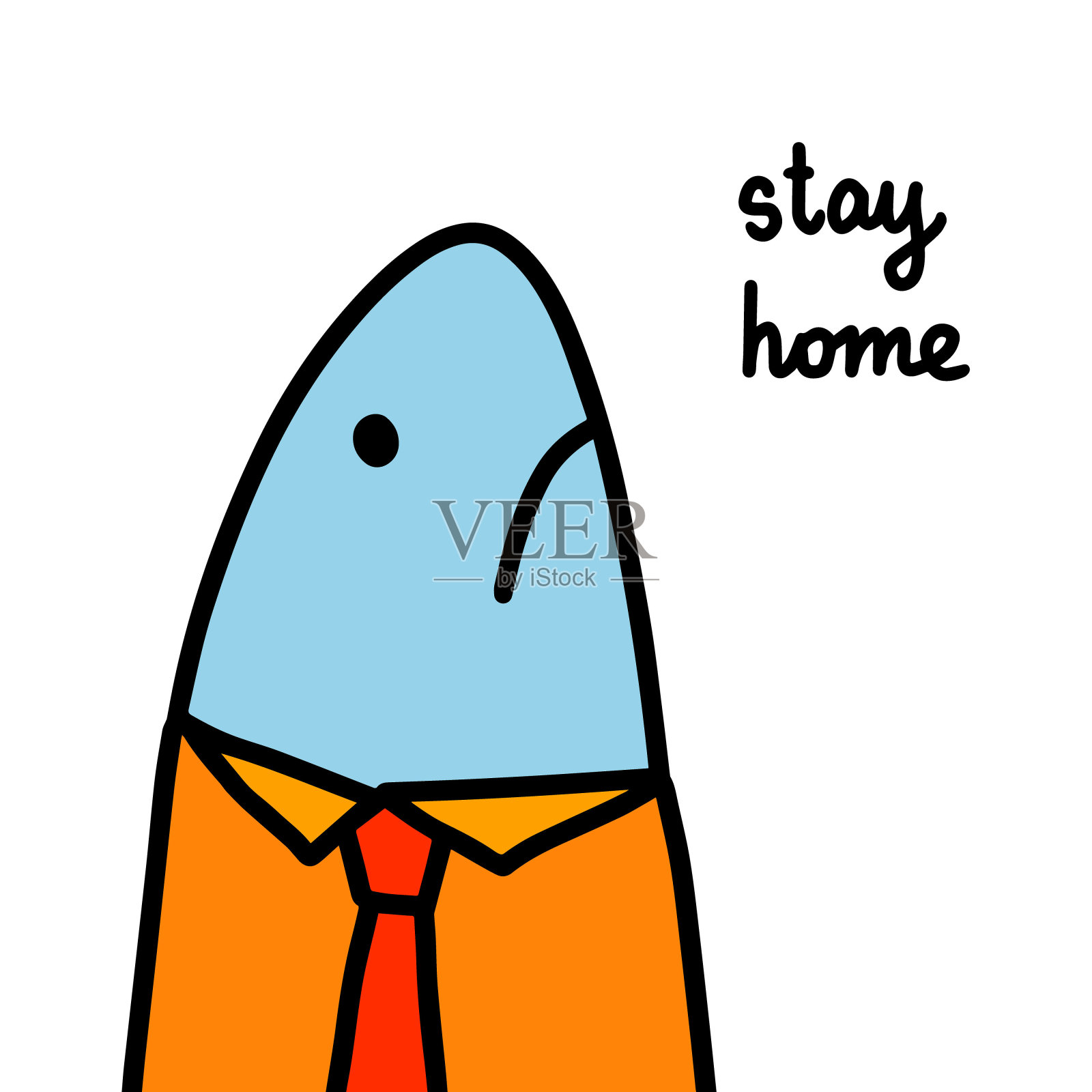 呆在家里悲伤的鲨鱼手绘矢量插图在卡通漫画风格隔离隔离covid-19感染冠状病毒设计元素图片