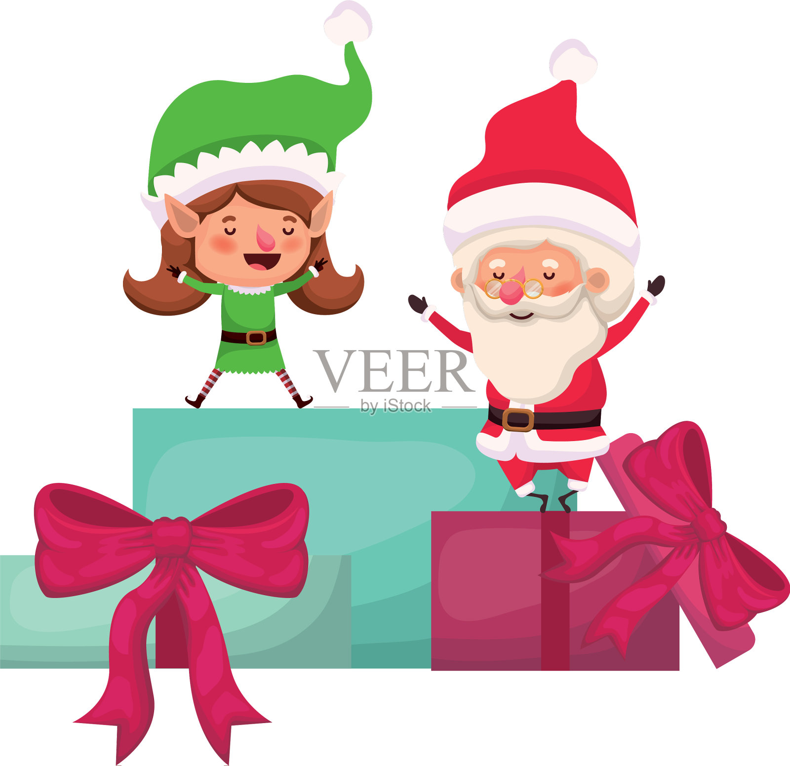 圣诞老人和精灵女人带着礼物盒插画图片素材