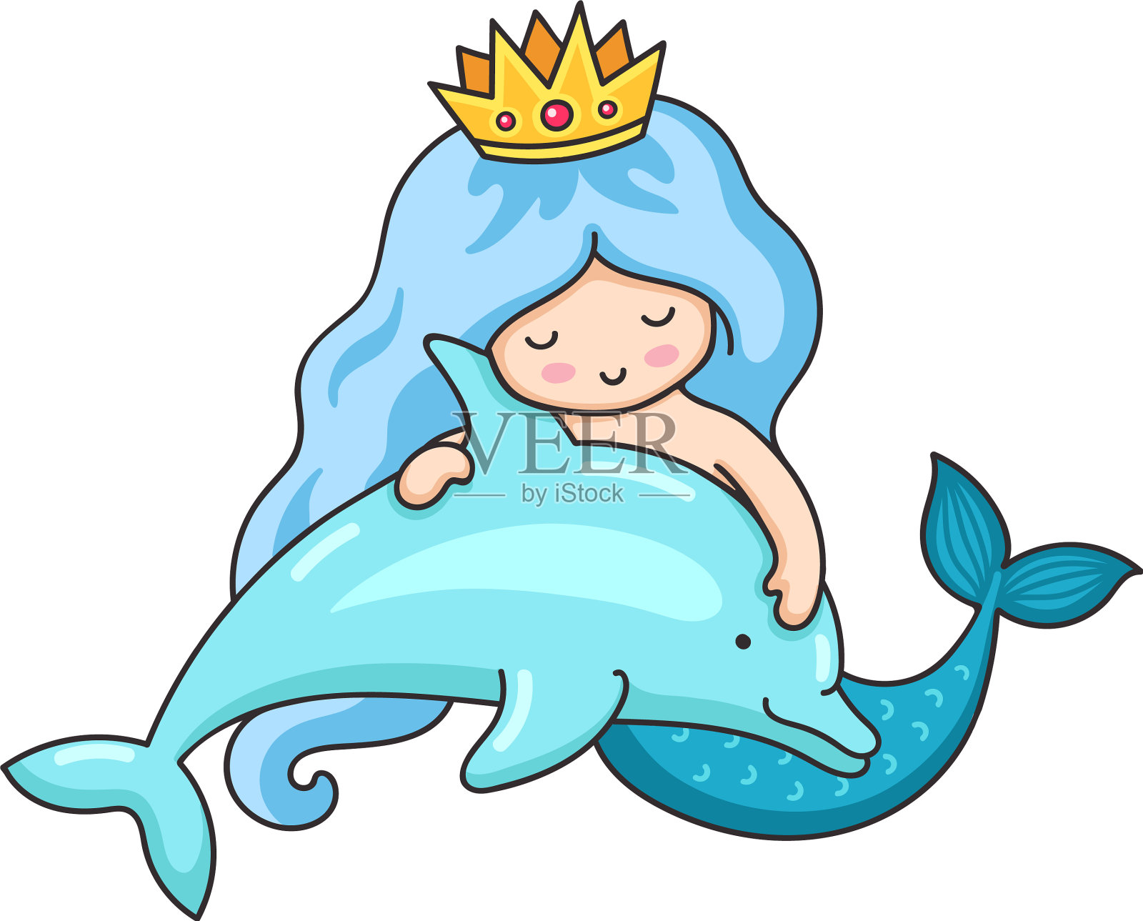 蓝色波浪长发的美人鱼和海豚设计元素图片