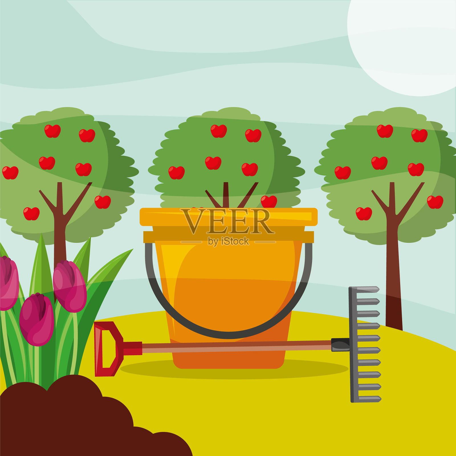 桶耙苹果树和花卉园艺插画图片素材