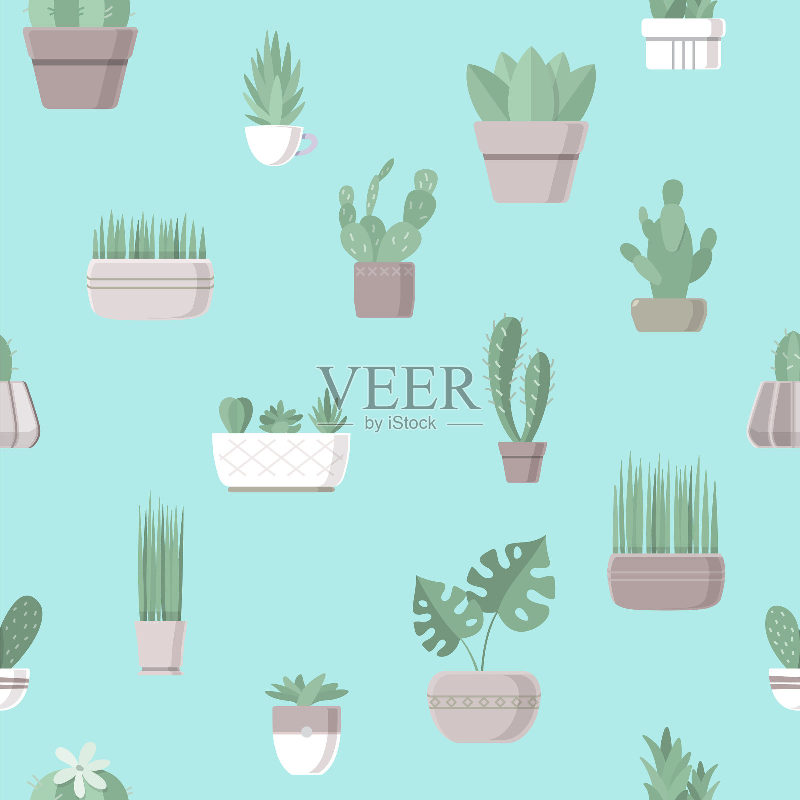 与仙人掌和肉质无缝图案插画图片素材