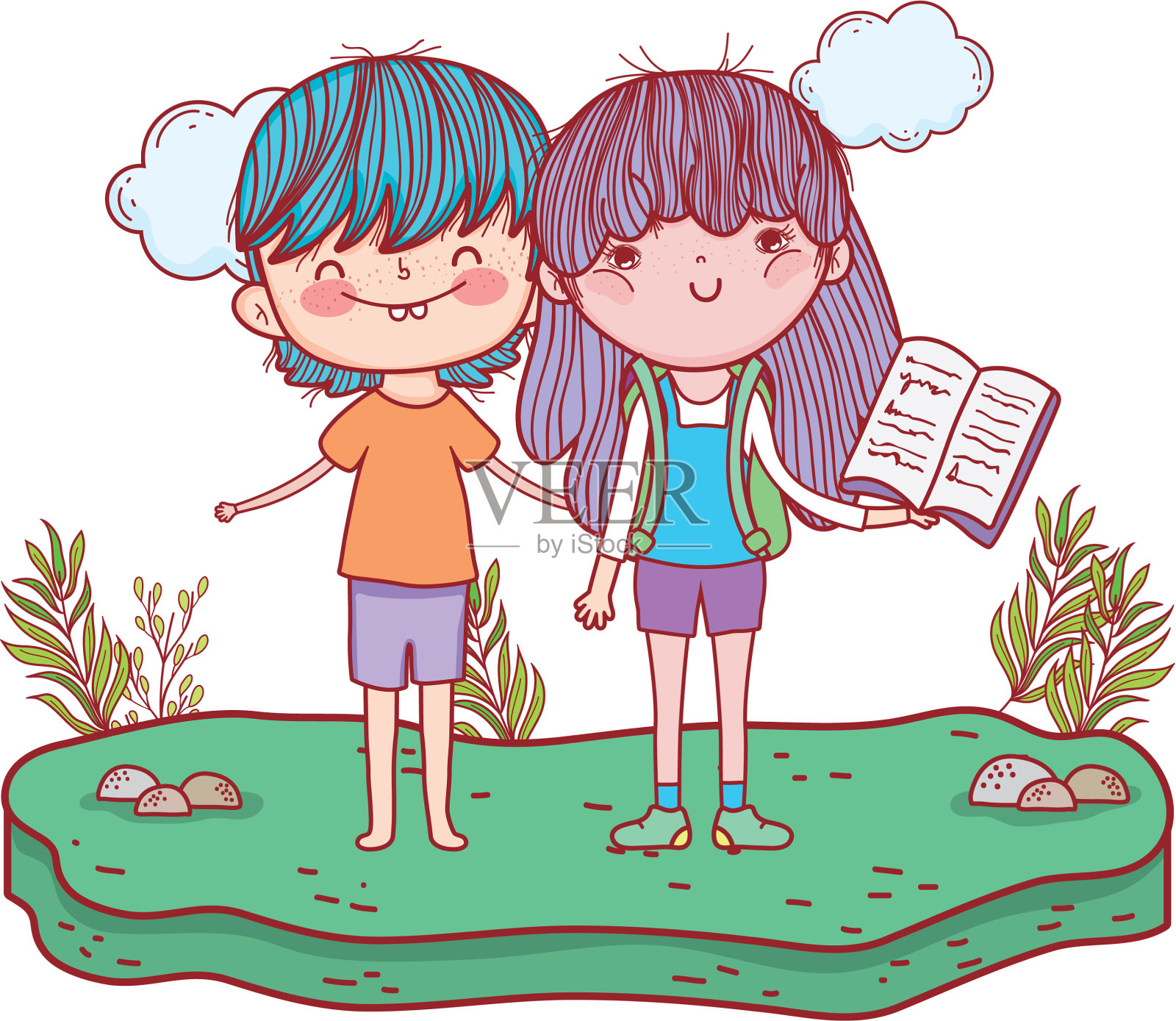 快乐的孩子们在风景中读书设计元素图片