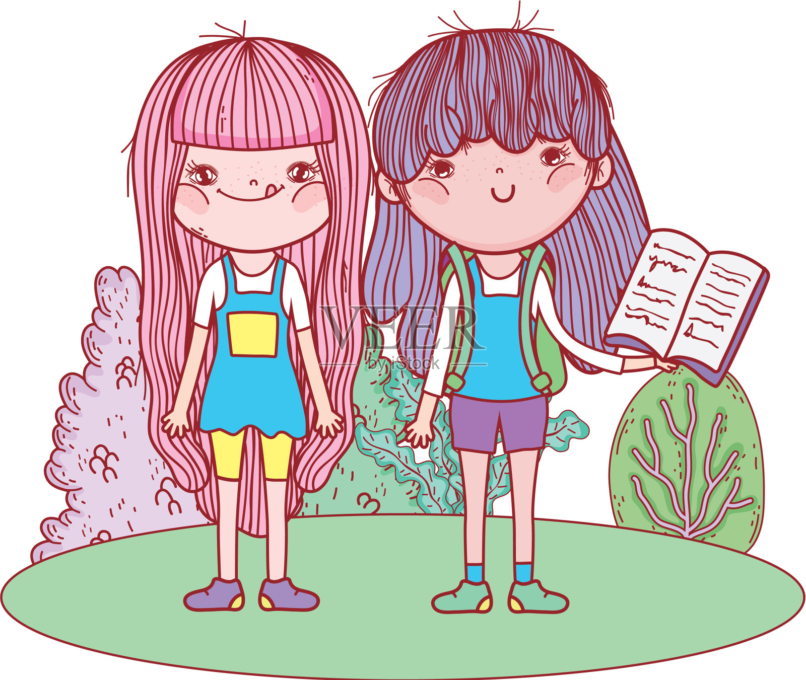 快乐的小女孩在风景里看书设计元素图片