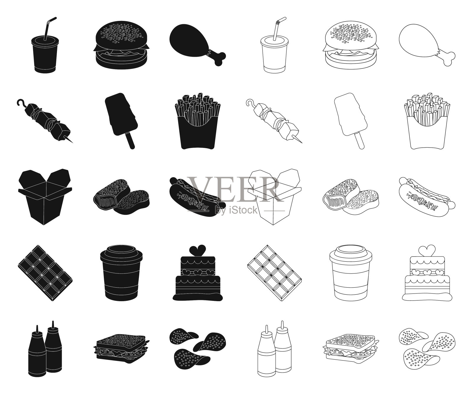 快餐黑色轮廓图标集合图标素材