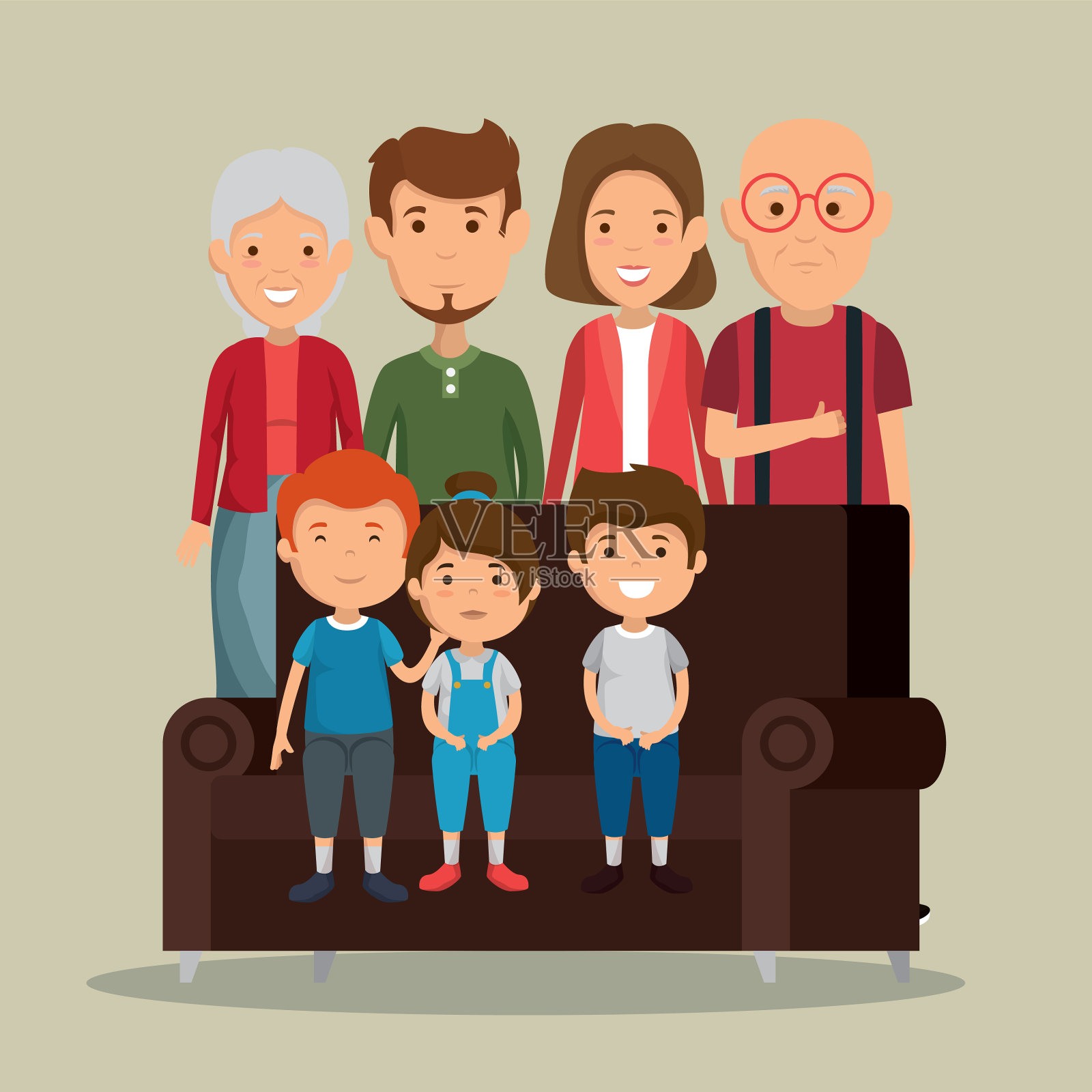 一群家庭成员在客厅里插画图片素材