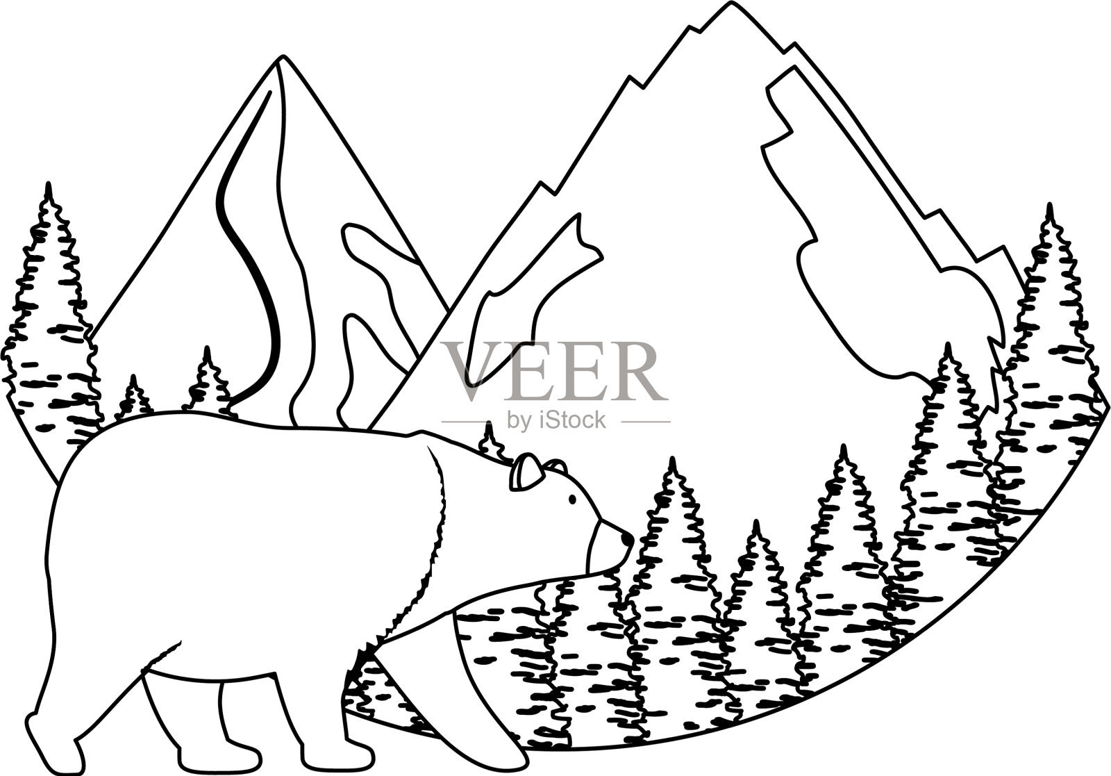 山上有灰熊和松树设计元素图片