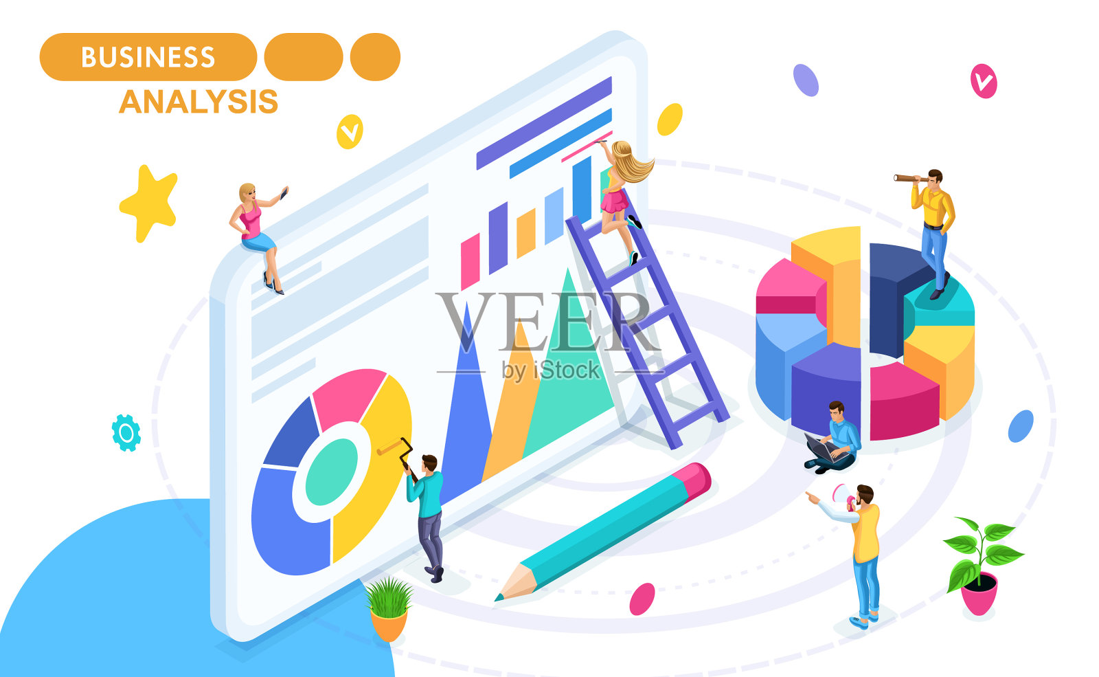 数据收集和分析的等距概念设计元素图片