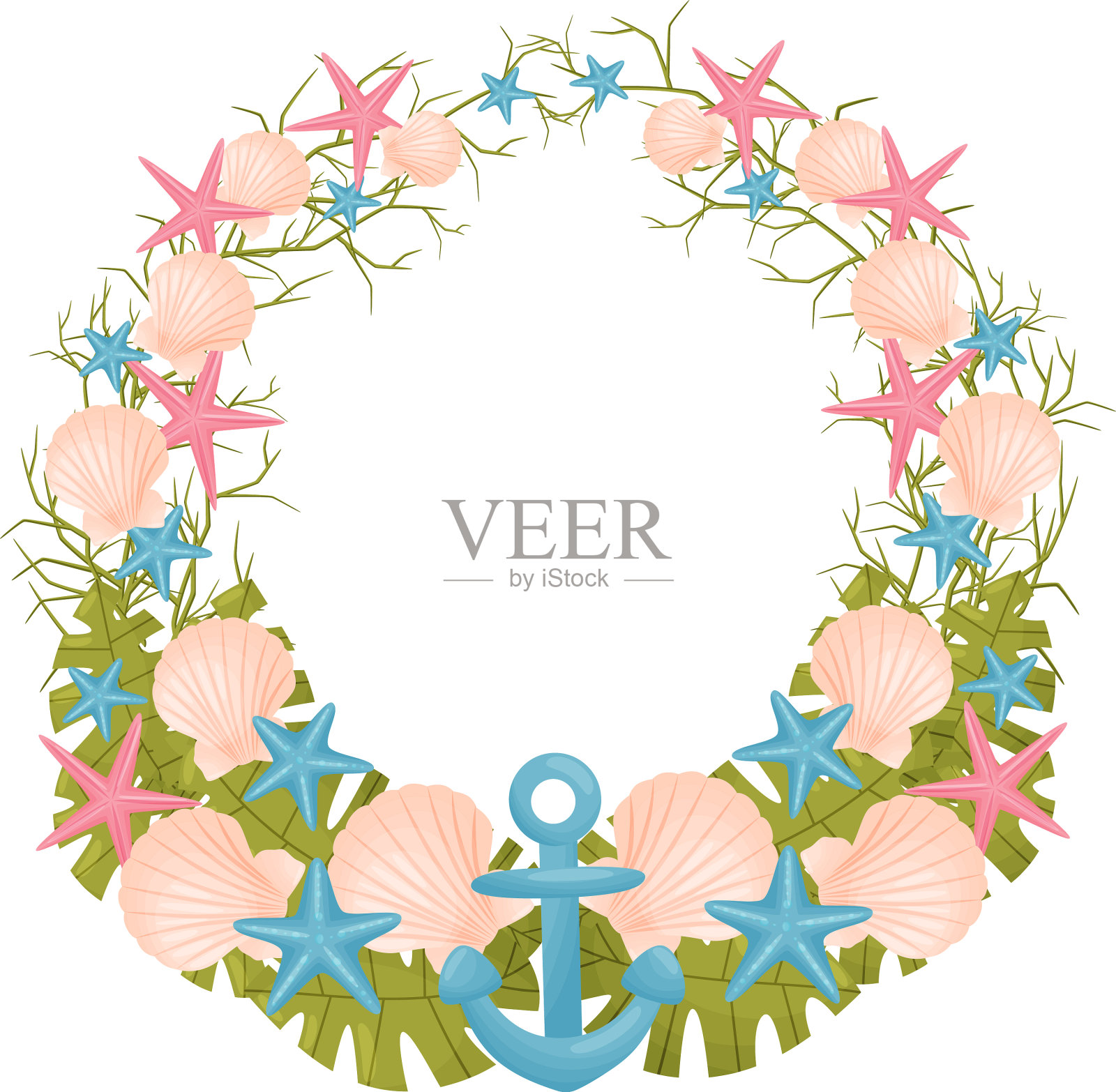 装饰花环海洋主题蓝色和粉红色插画图片素材
