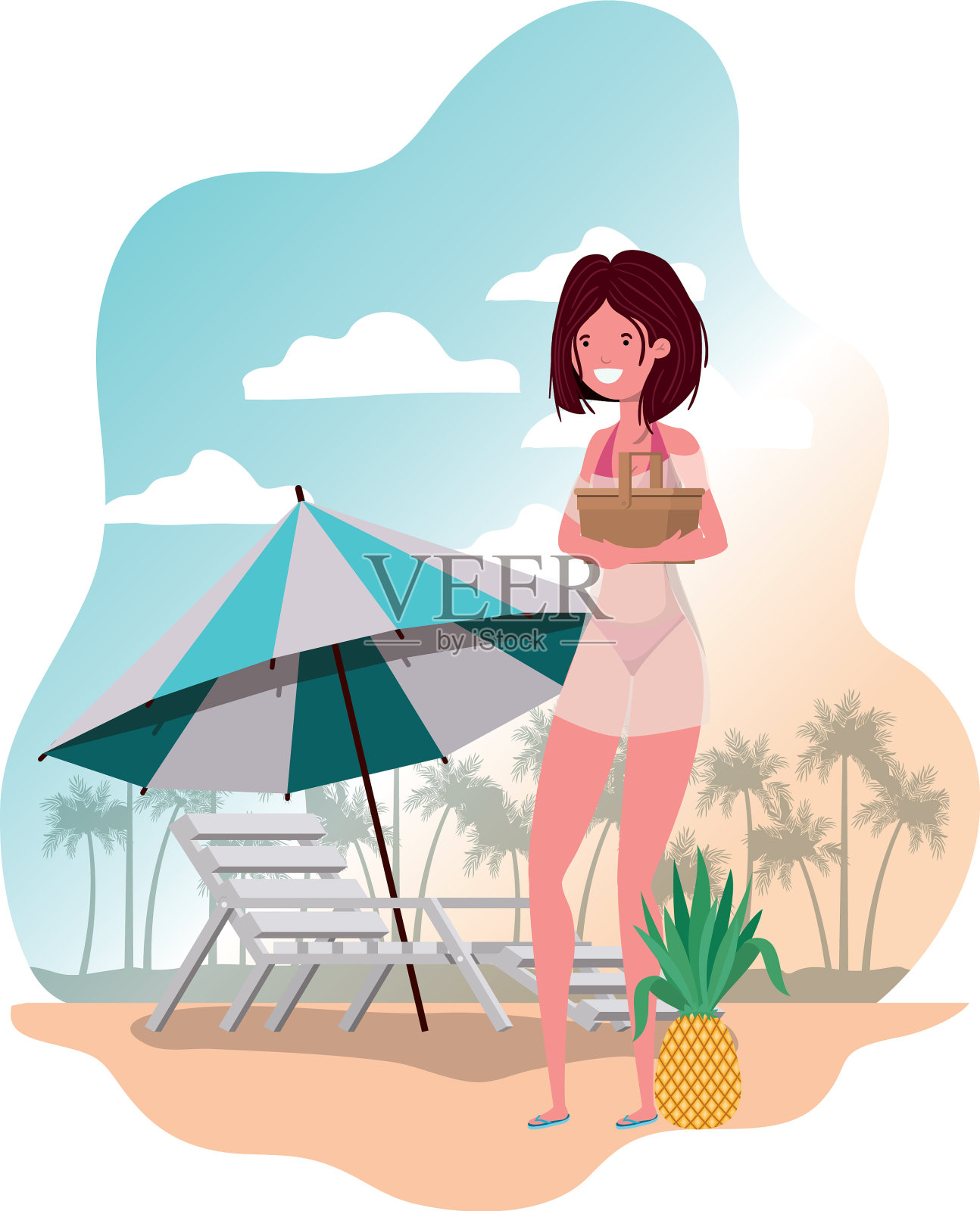 穿着泳衣和稻草野餐的女人插画图片素材