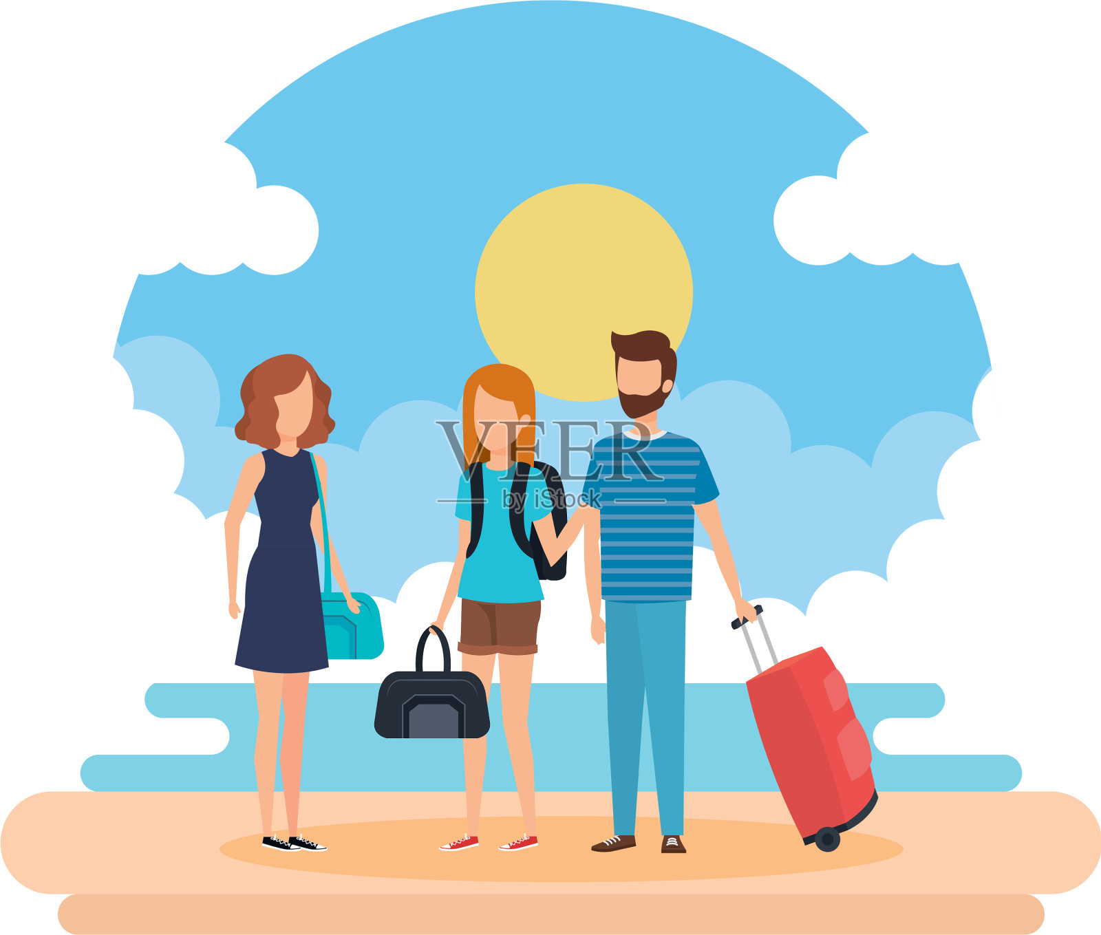 年轻人拿着行李箱在海滩上设计元素图片