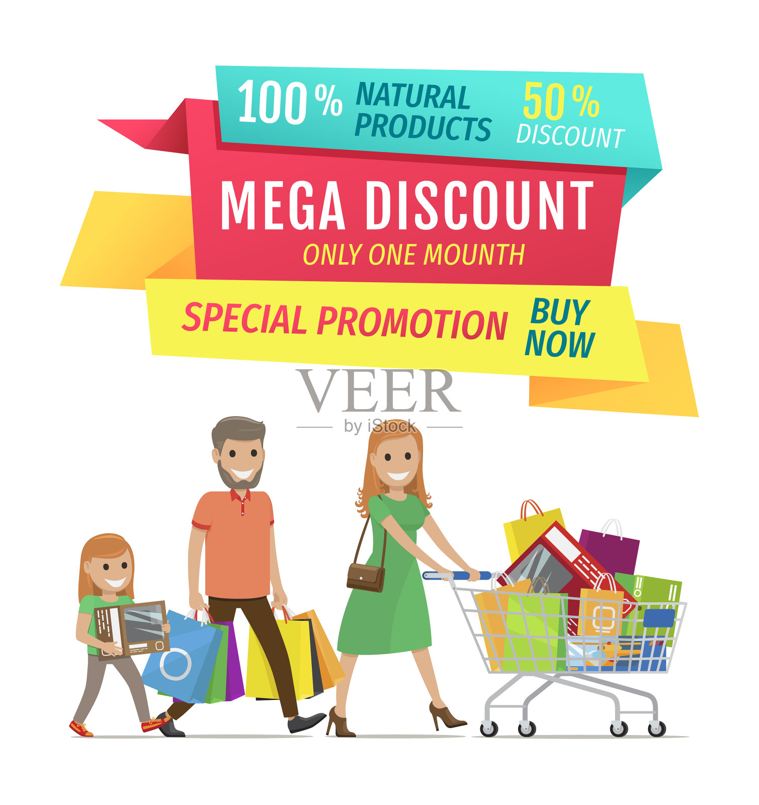 半价横幅，幸福家庭和购物袋设计元素图片