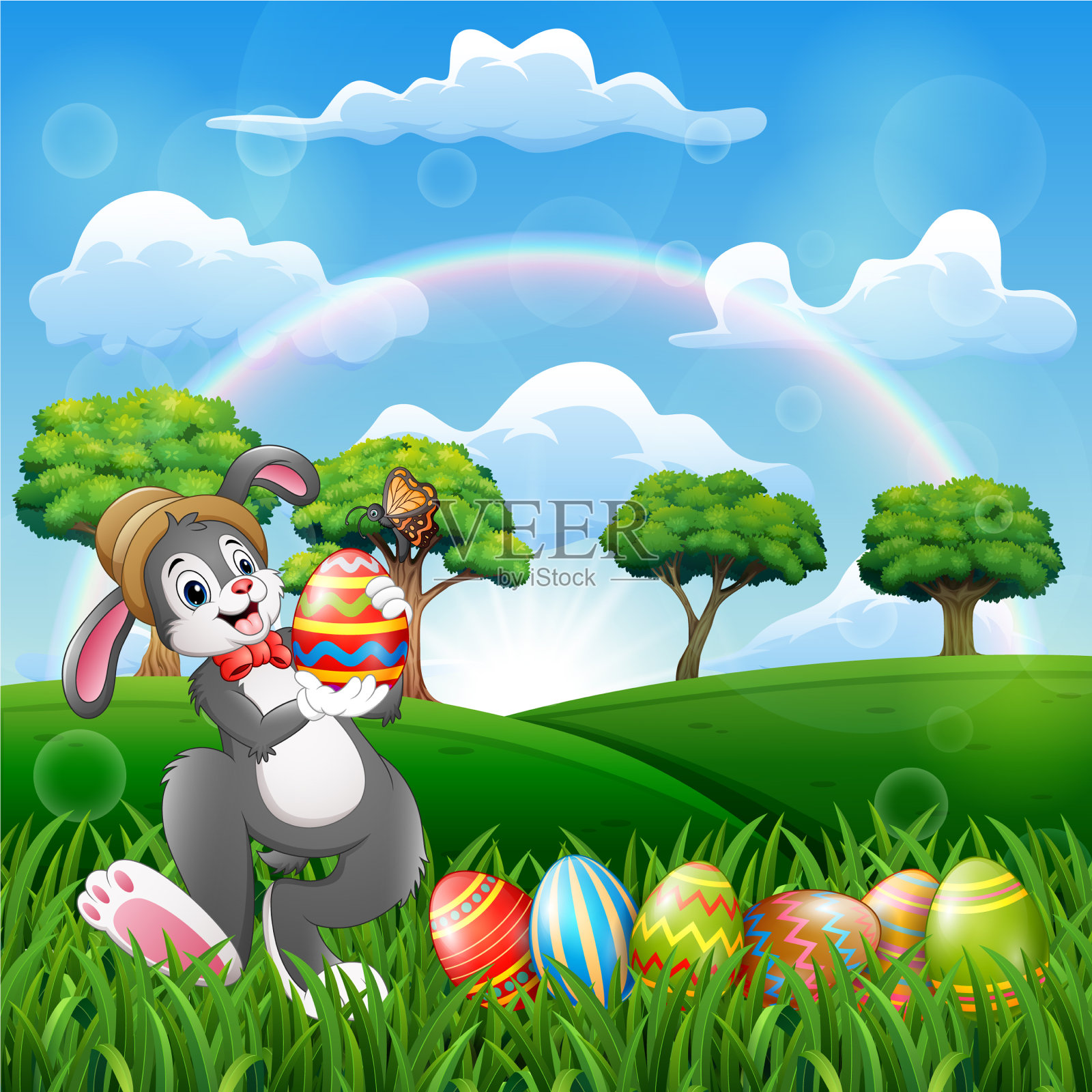 快乐的兔子拿着装饰好的复活节彩蛋插画图片素材