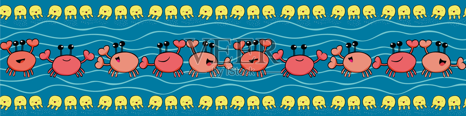 可爱的边框与跳舞的珊瑚和橙色的螃蟹插画图片素材