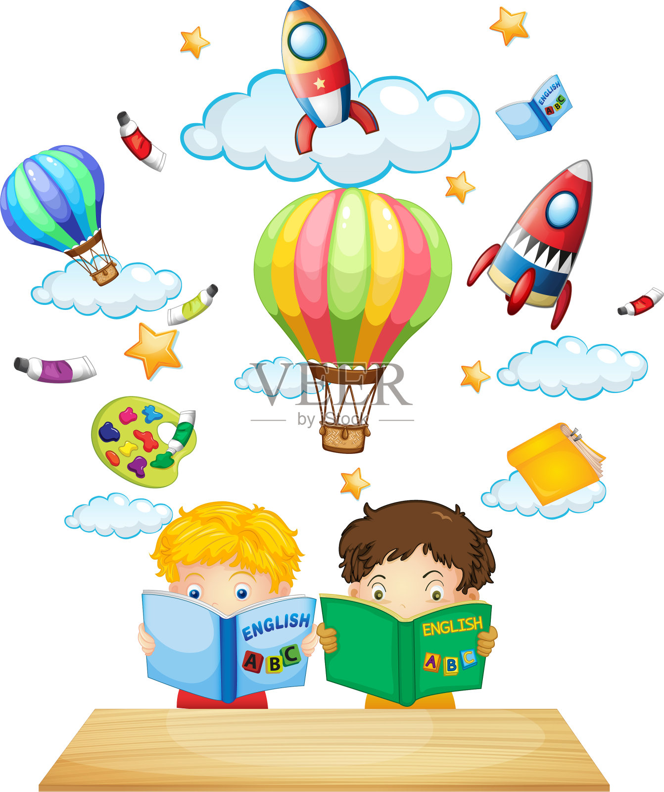 两个孩子在看英语书插画图片素材