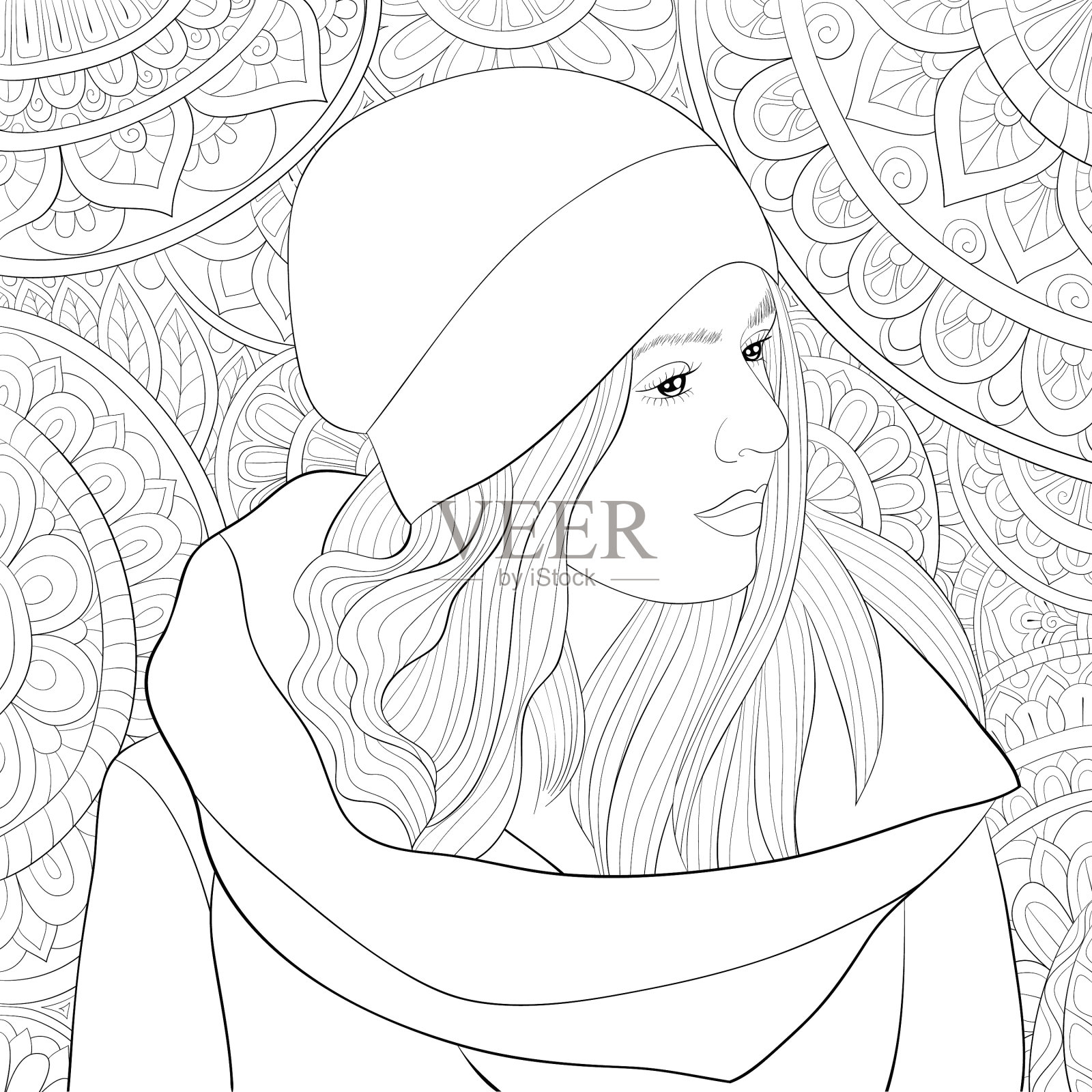 成人涂色书，一个可爱的女孩戴着一顶帽子插画图片素材
