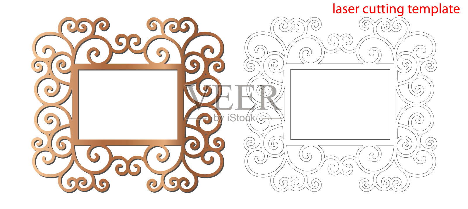 激光切割相框装饰设计与装饰漩涡。激光切割木材或金属花边框架。装饰图案裁剪相框，模板裁剪。矢量插图。插画图片素材