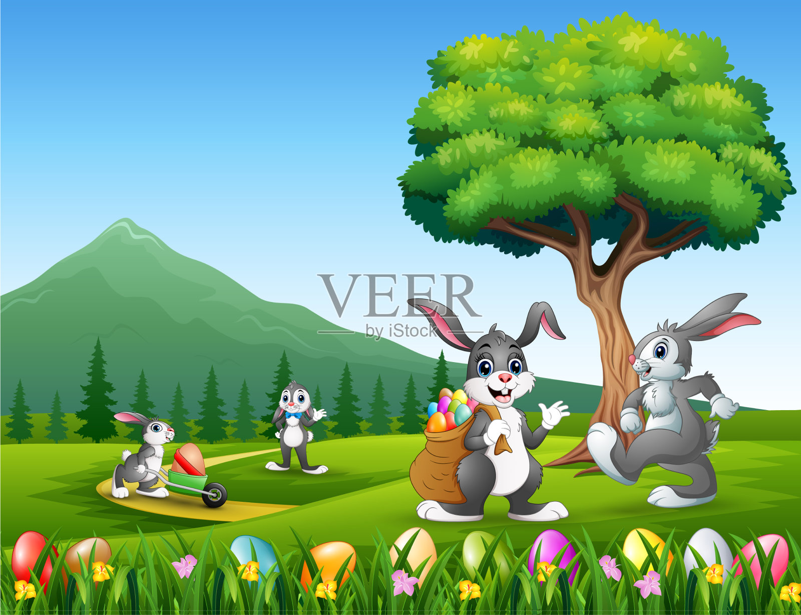 快乐的小兔子在大自然的背景下玩耍插画图片素材