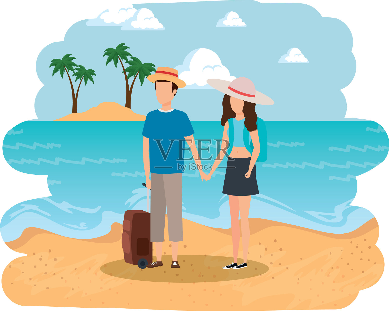 一对年轻夫妇提着行李箱在海滩上设计元素图片