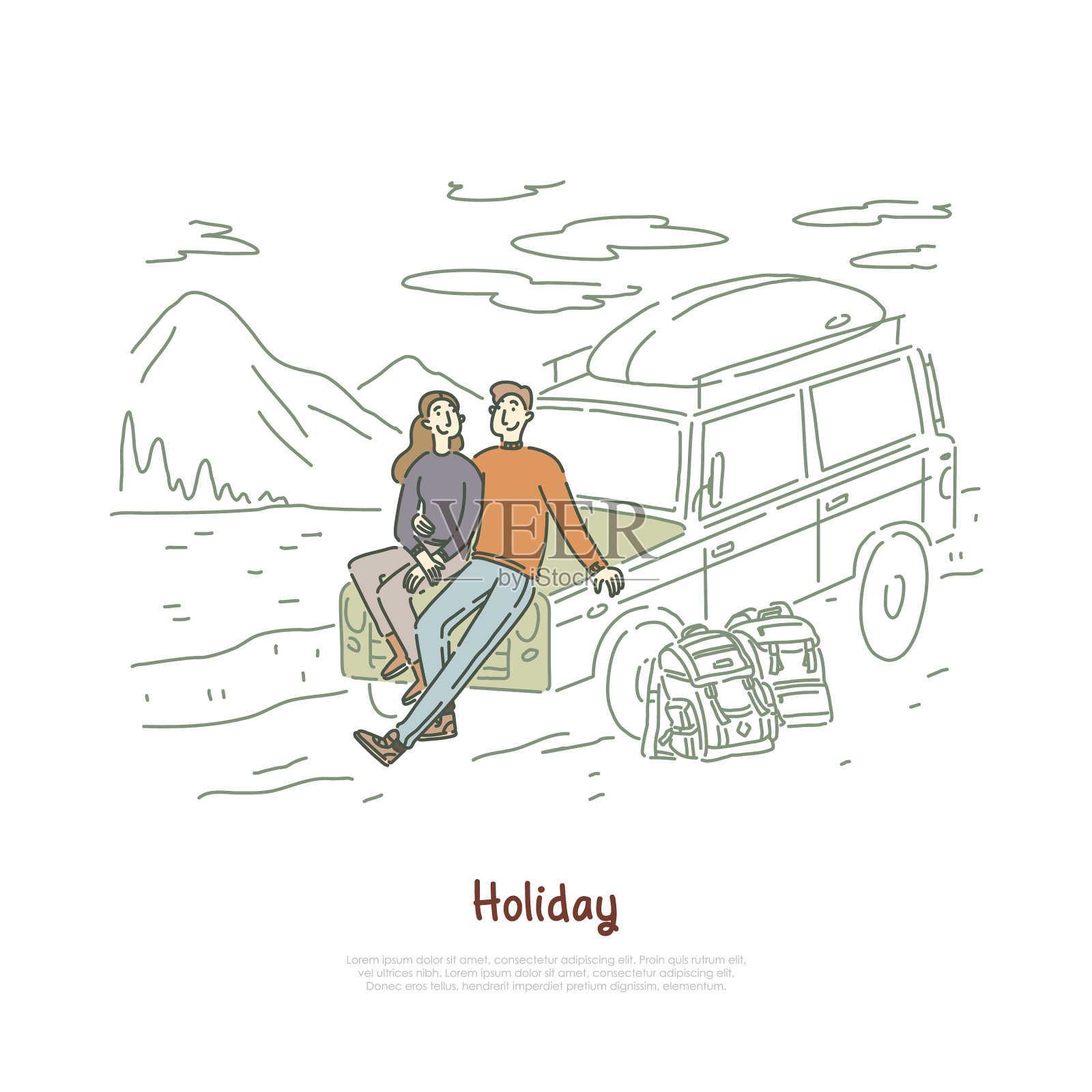 公路旅行情侣在假期相爱插画图片素材