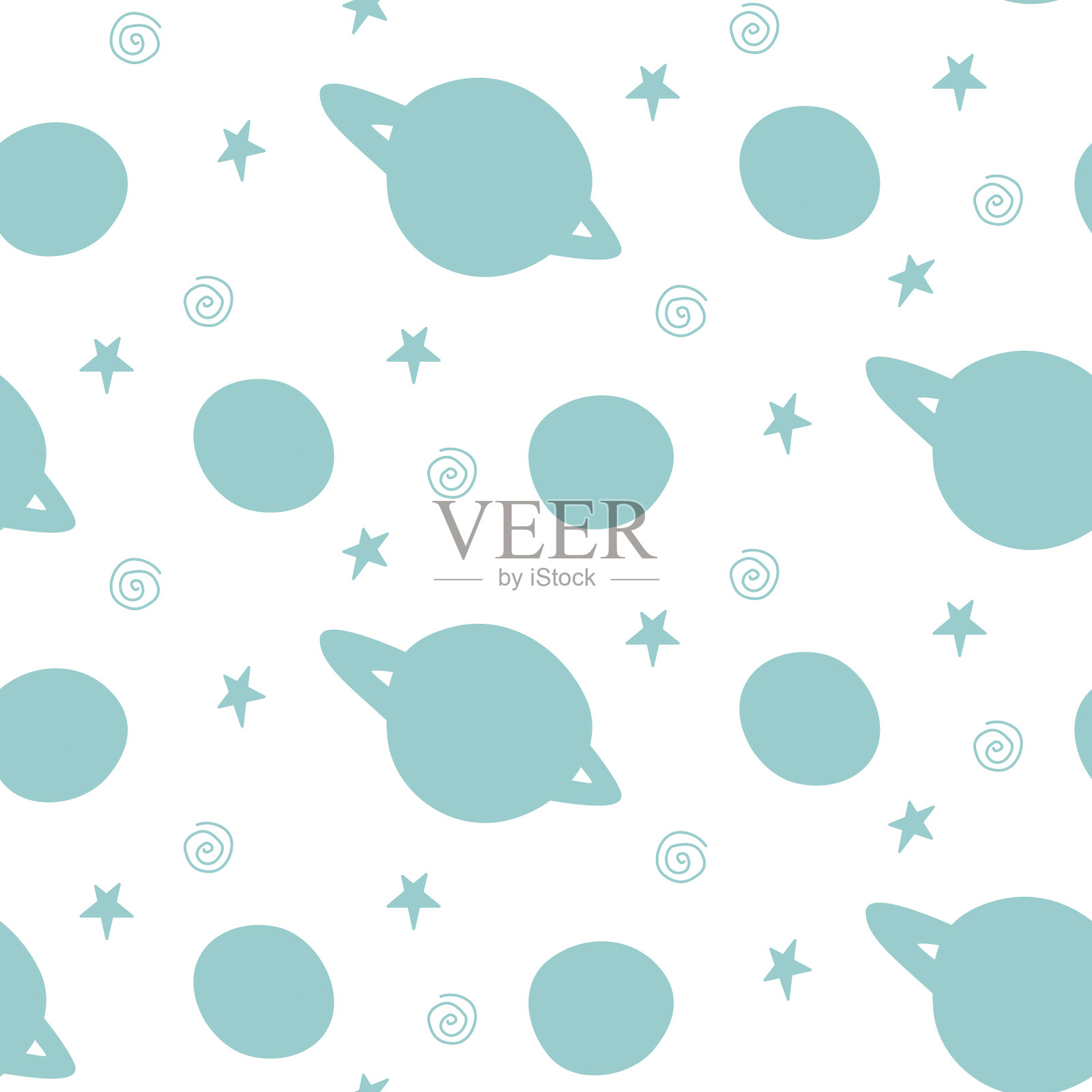 婴儿空间无缝模式。卡通蓝色轮廓行星土星和恒星。矢量宇宙背景和纹理。适合儿童设计，织物，包装纸，壁纸，纺织品，服装插画图片素材