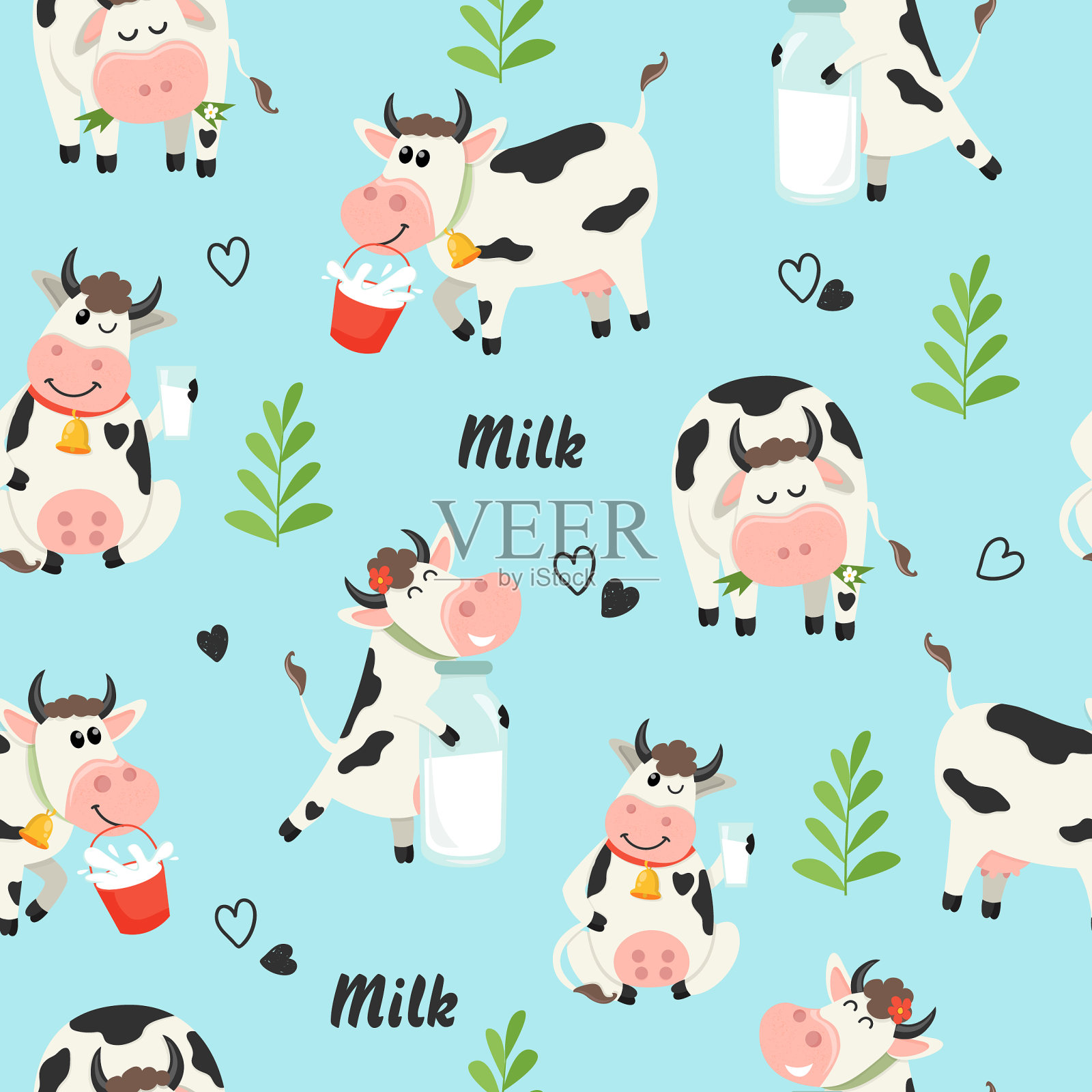 无缝模式与农场奶牛和奶瓶插画图片素材