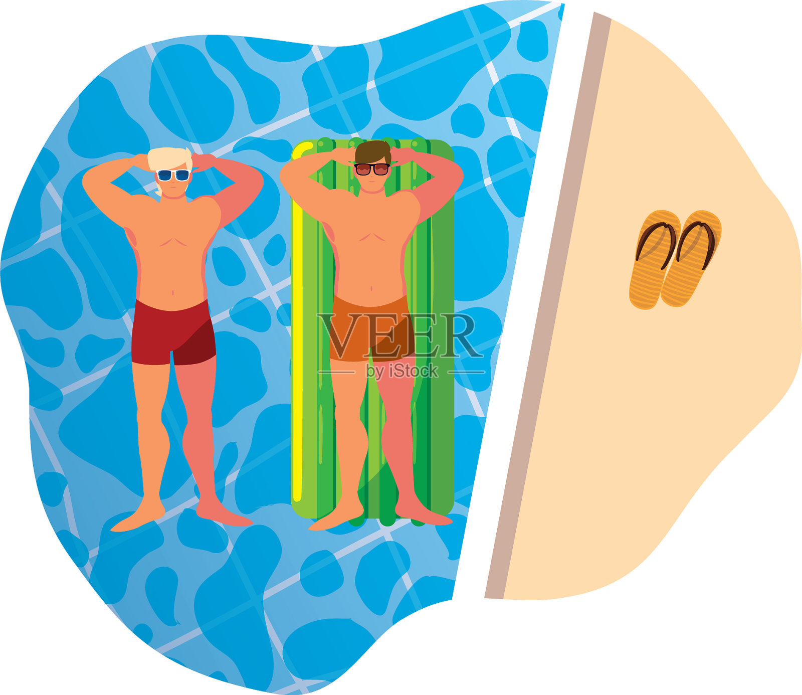 年轻人穿着泳衣，把床垫放进去插画图片素材