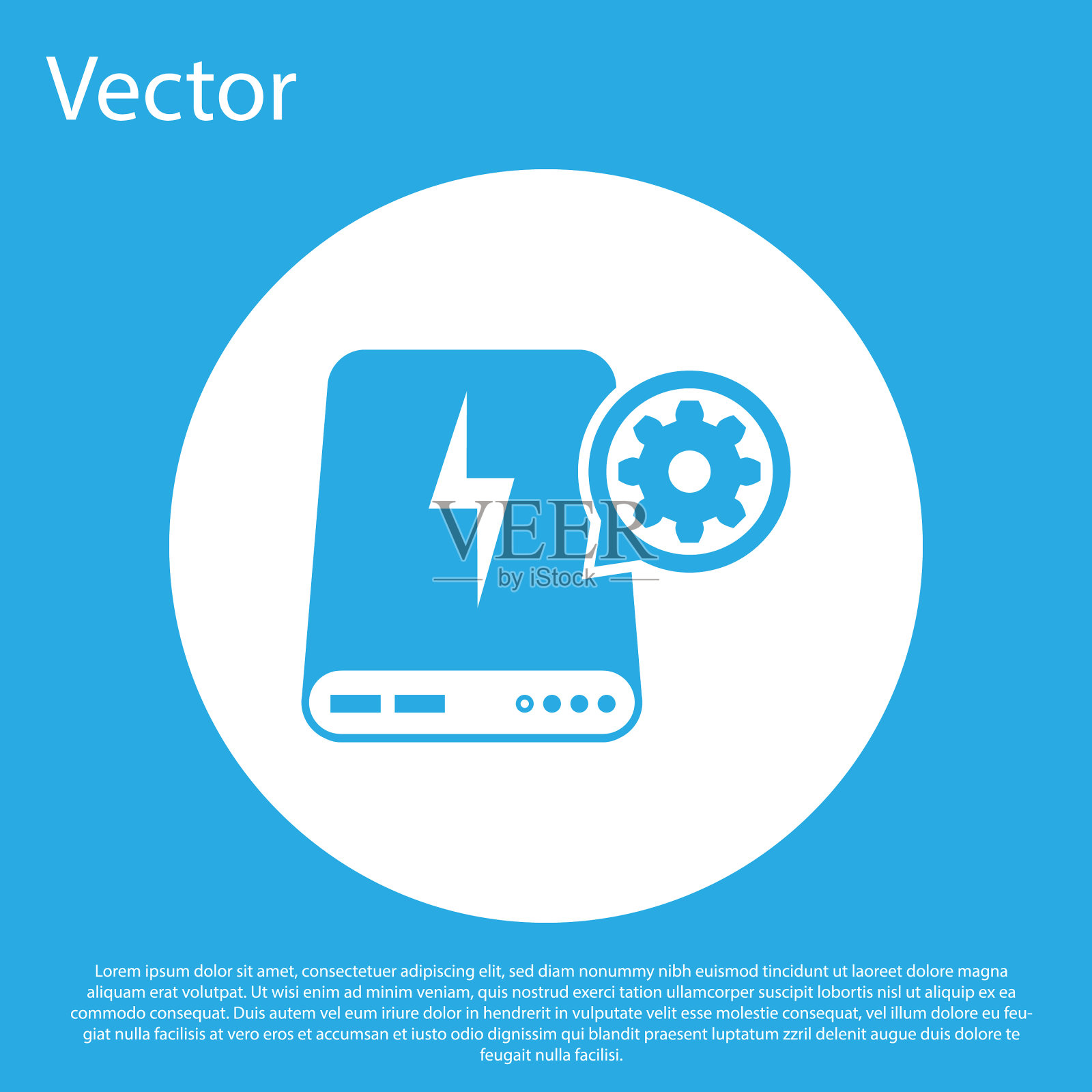 蓝色能量库和齿轮图标隔离在蓝色插画图片素材