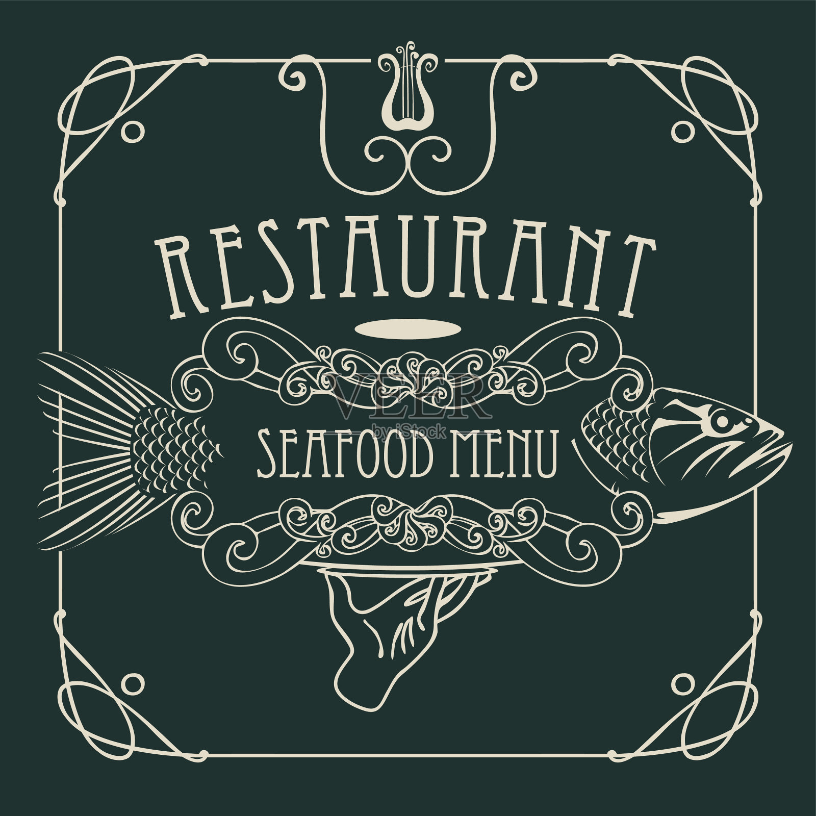 海鲜餐厅菜单与手盘和鱼插画图片素材