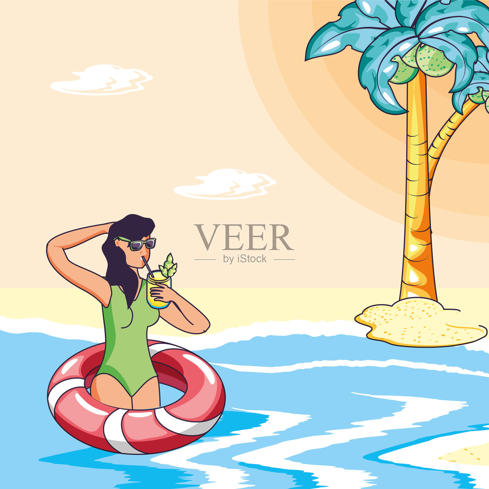 年轻女子与漂浮在海上的暑假插画图片素材