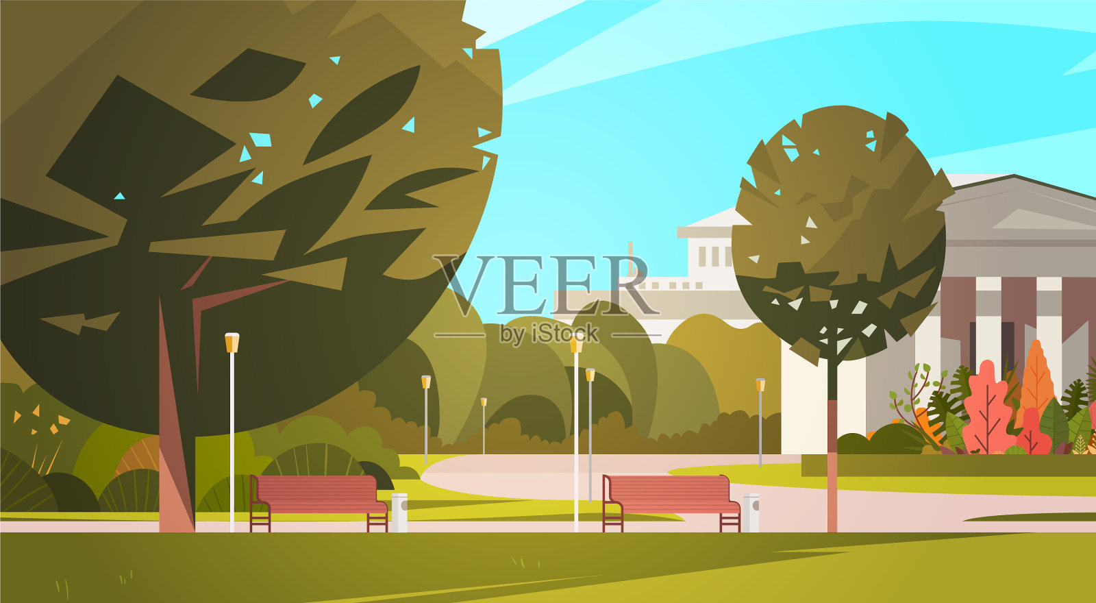 以城镇建筑为背景的夏季城市公园插画图片素材