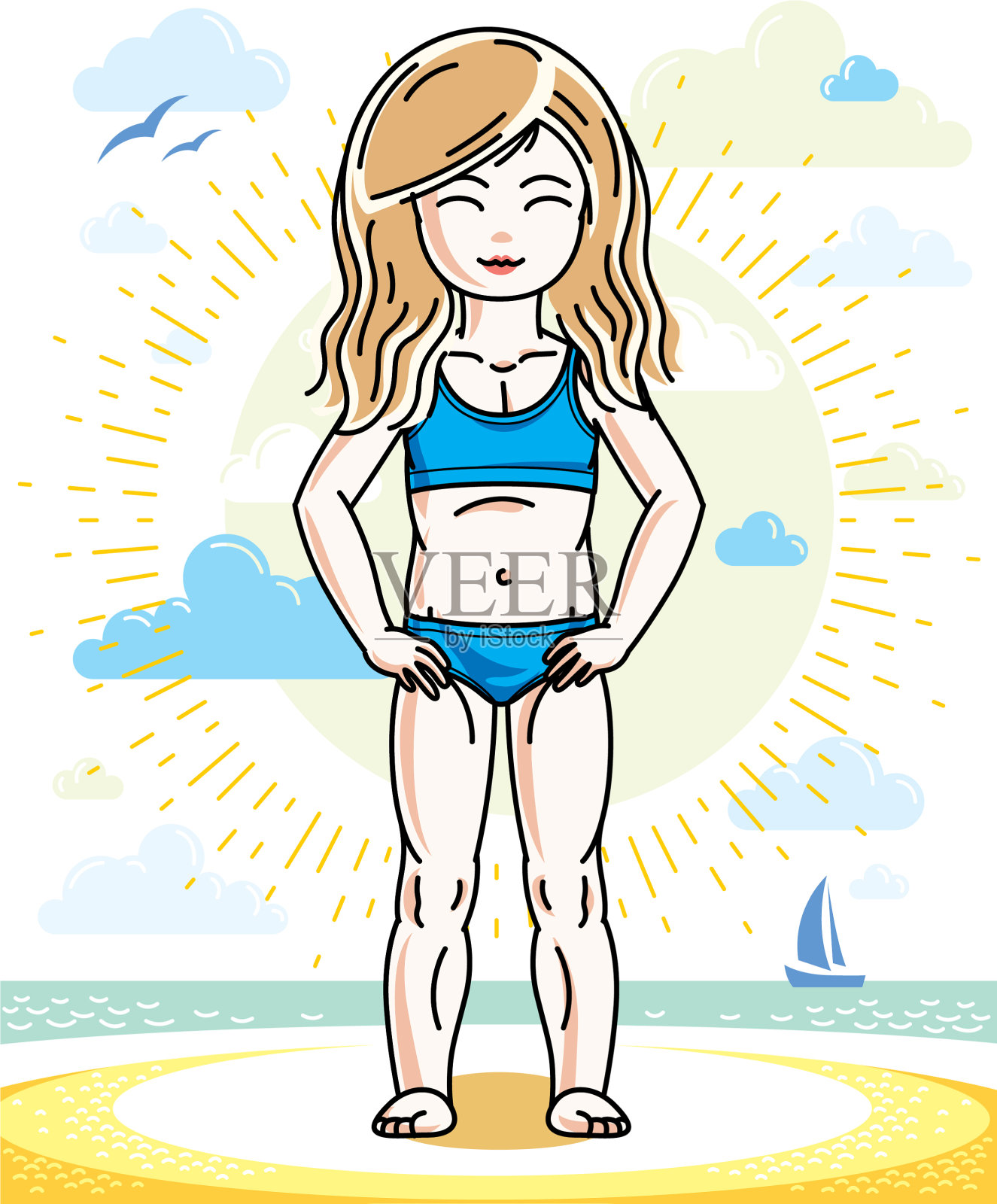 金发小女孩蹒跚学步站在阳光下插画图片素材