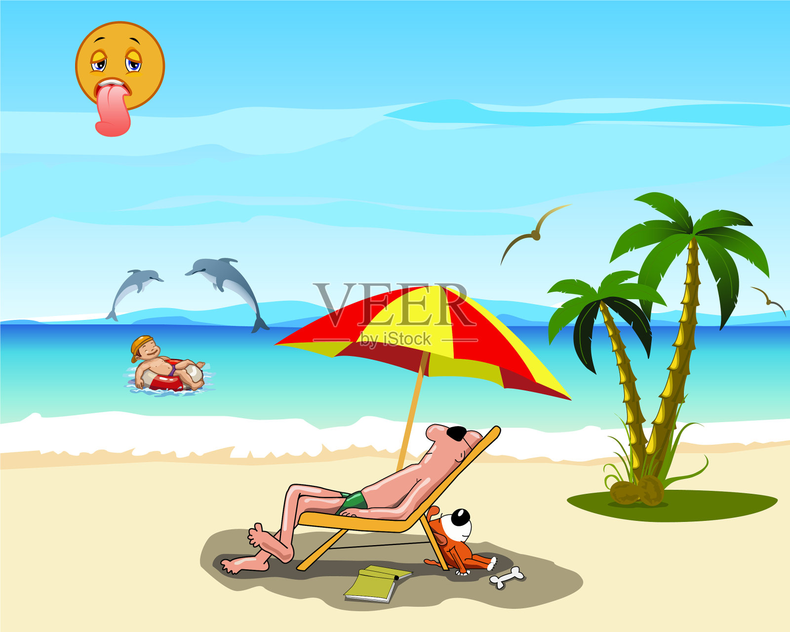 祖父与孙子和狗在海上休息插画图片素材