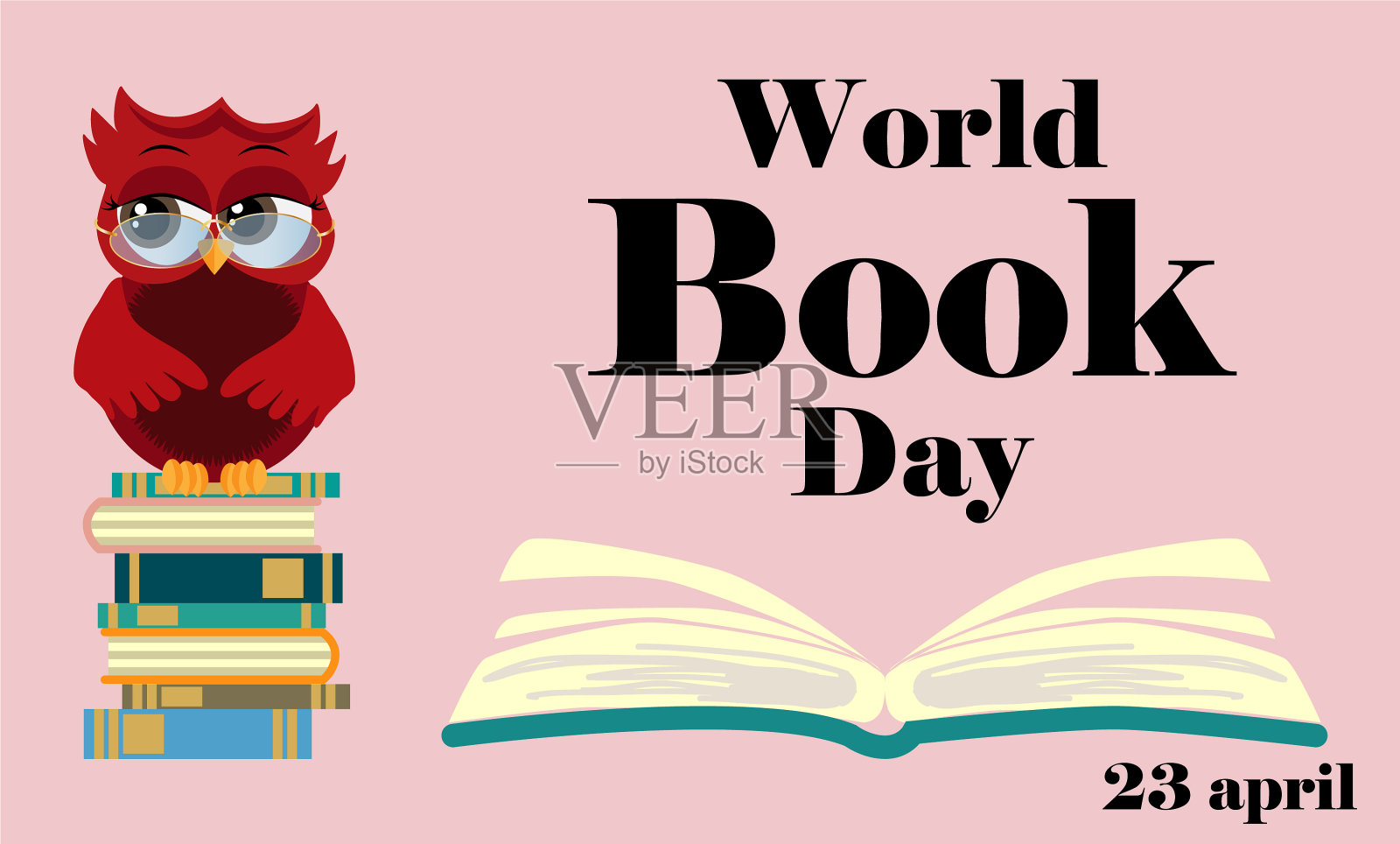 世界读书日，聪明的猫头鹰就把书堆打开插画图片素材