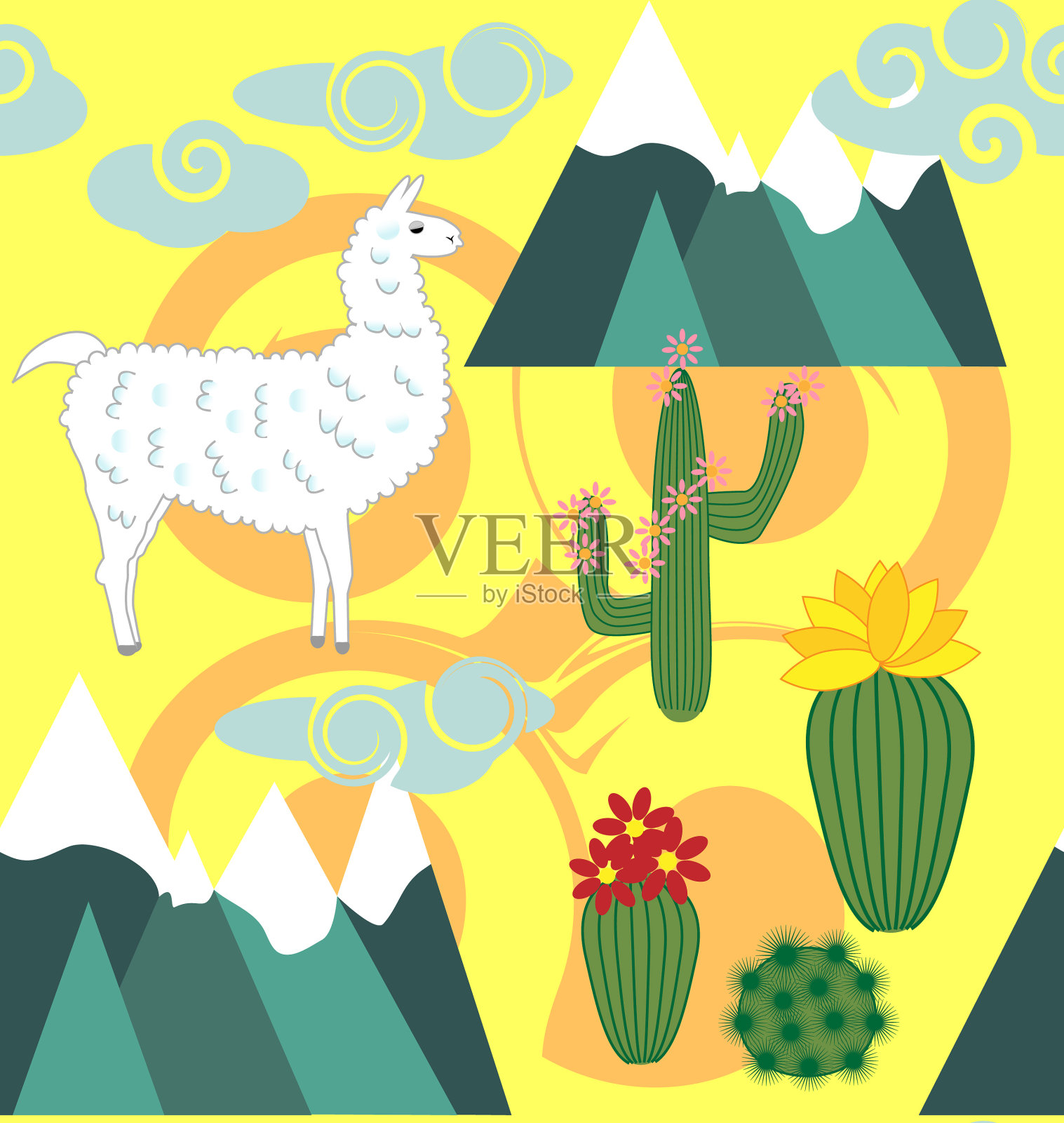 无缝图案与可爱的卡通羊驼羊驼插画图片素材