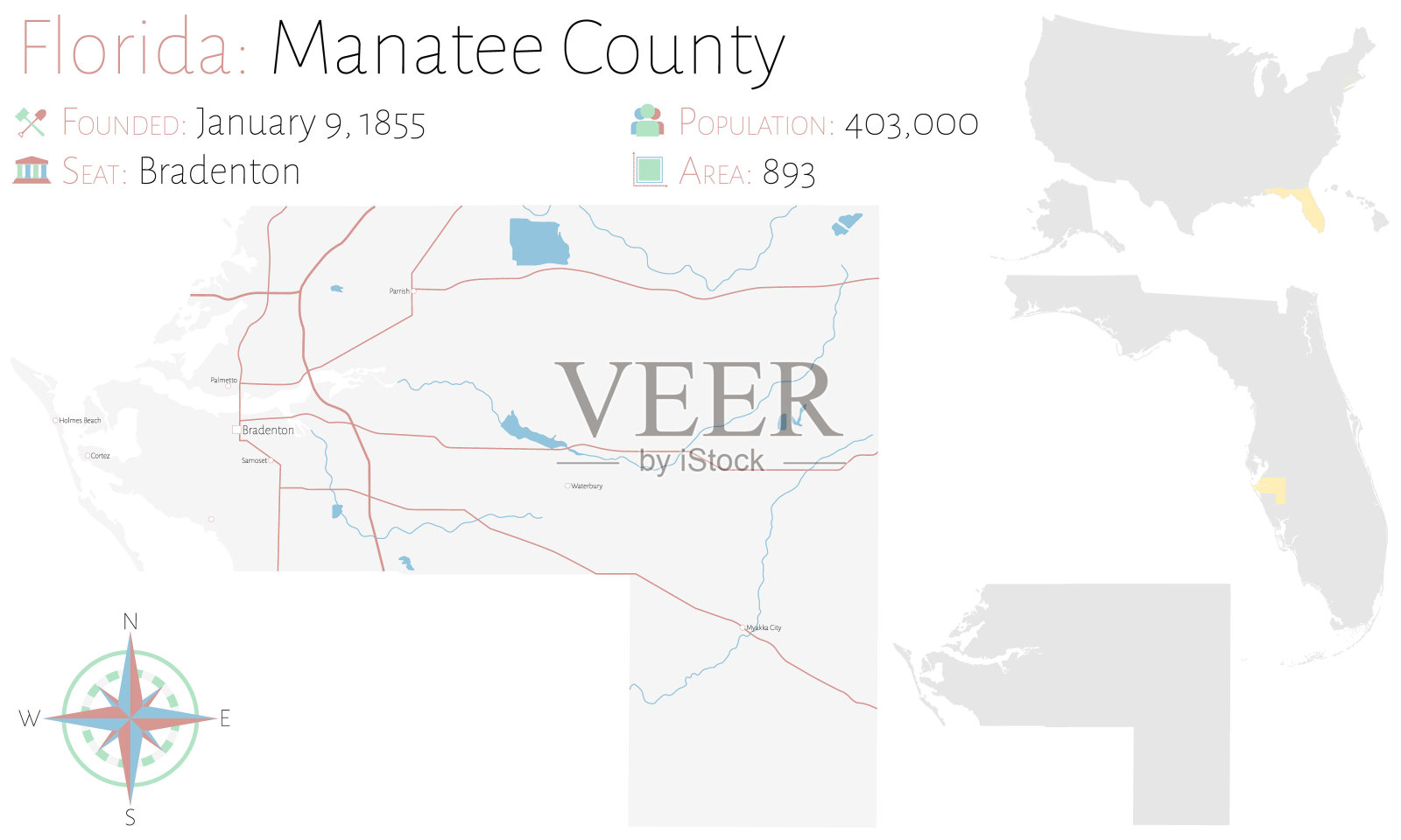 佛罗里达州海牛县地图插画图片素材