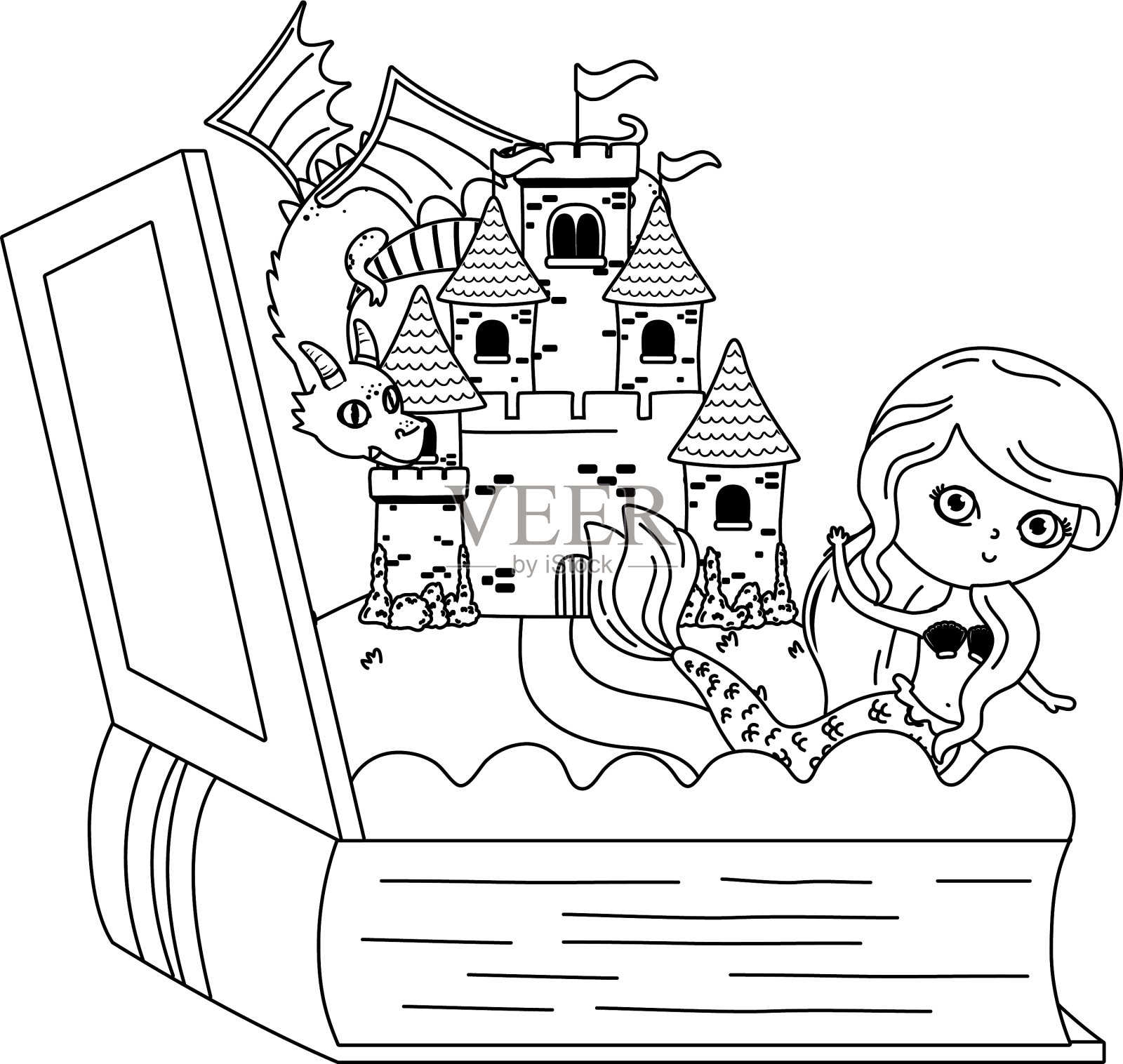 美人鱼和龙的童话设计插画图片素材