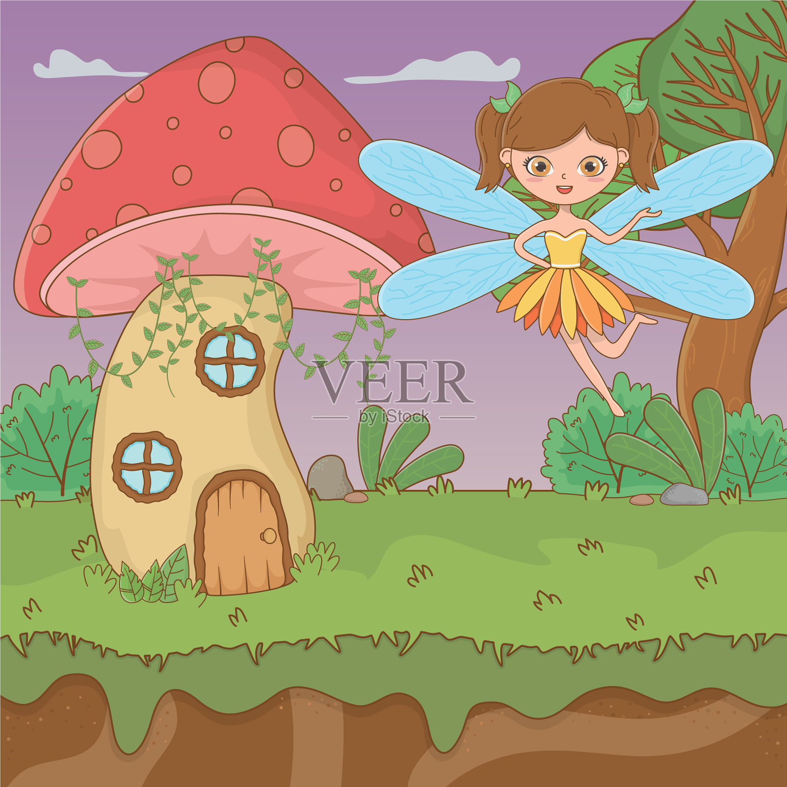 蘑菇和童话般的角色设计插画图片素材