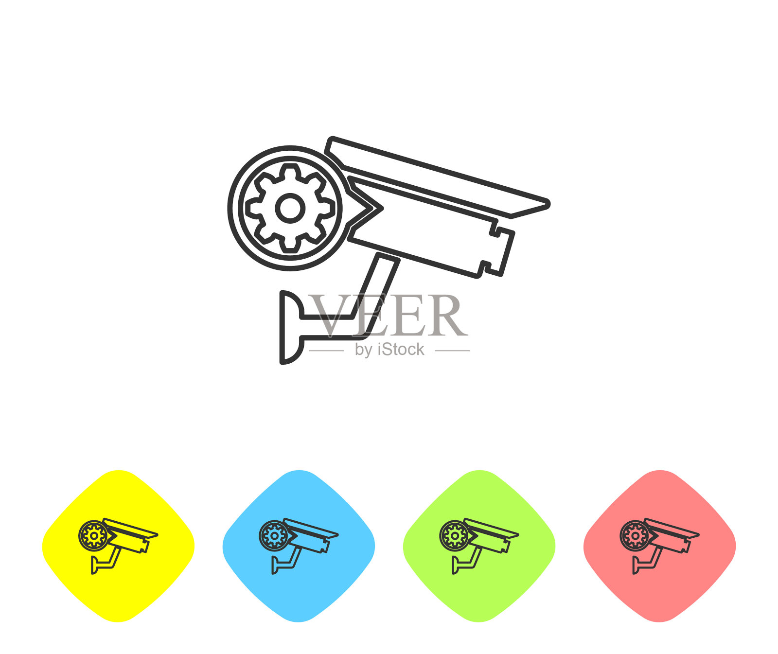 灰色安全摄像头和齿轮线图标在白色插画图片素材