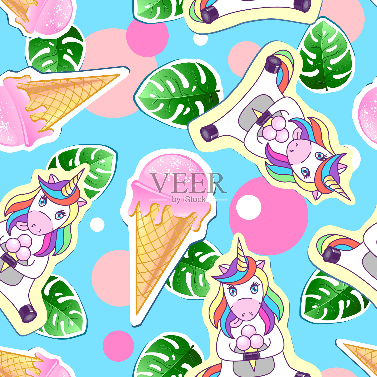 夏季用独角兽无缝图案插画图片素材