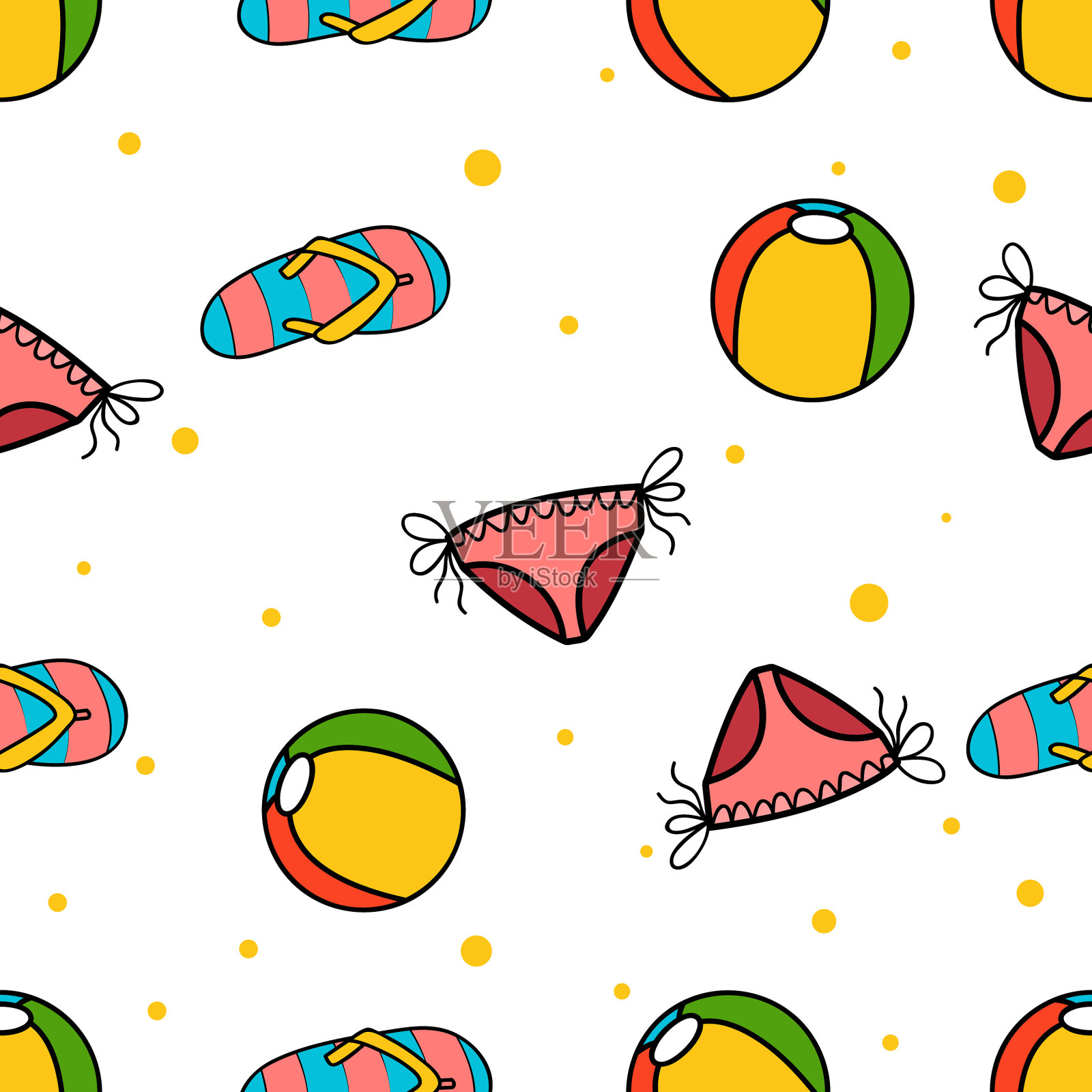 无缝图案口袋沙滩球比基尼和插画图片素材