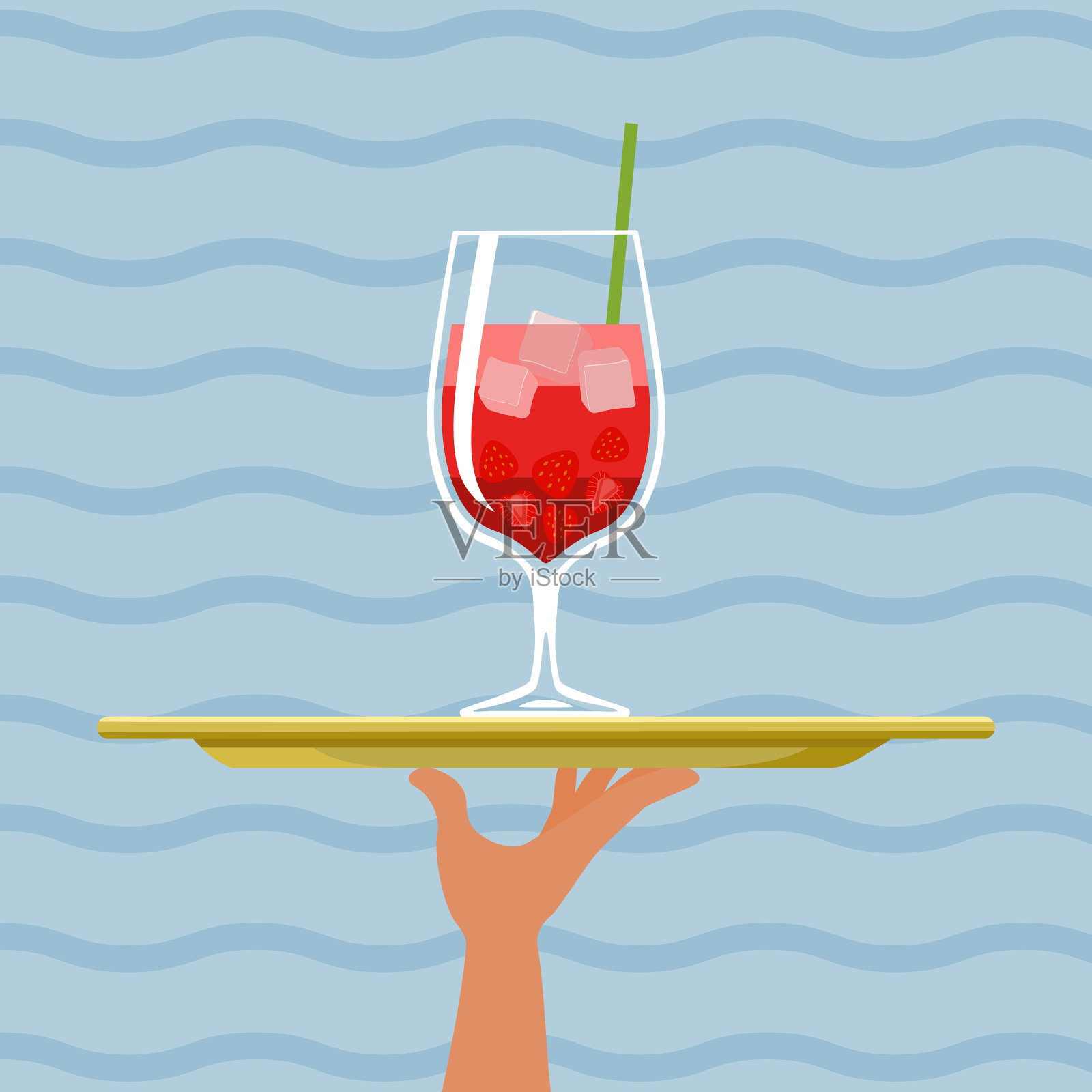 鸡尾酒和草莓托盘在海上插画图片素材