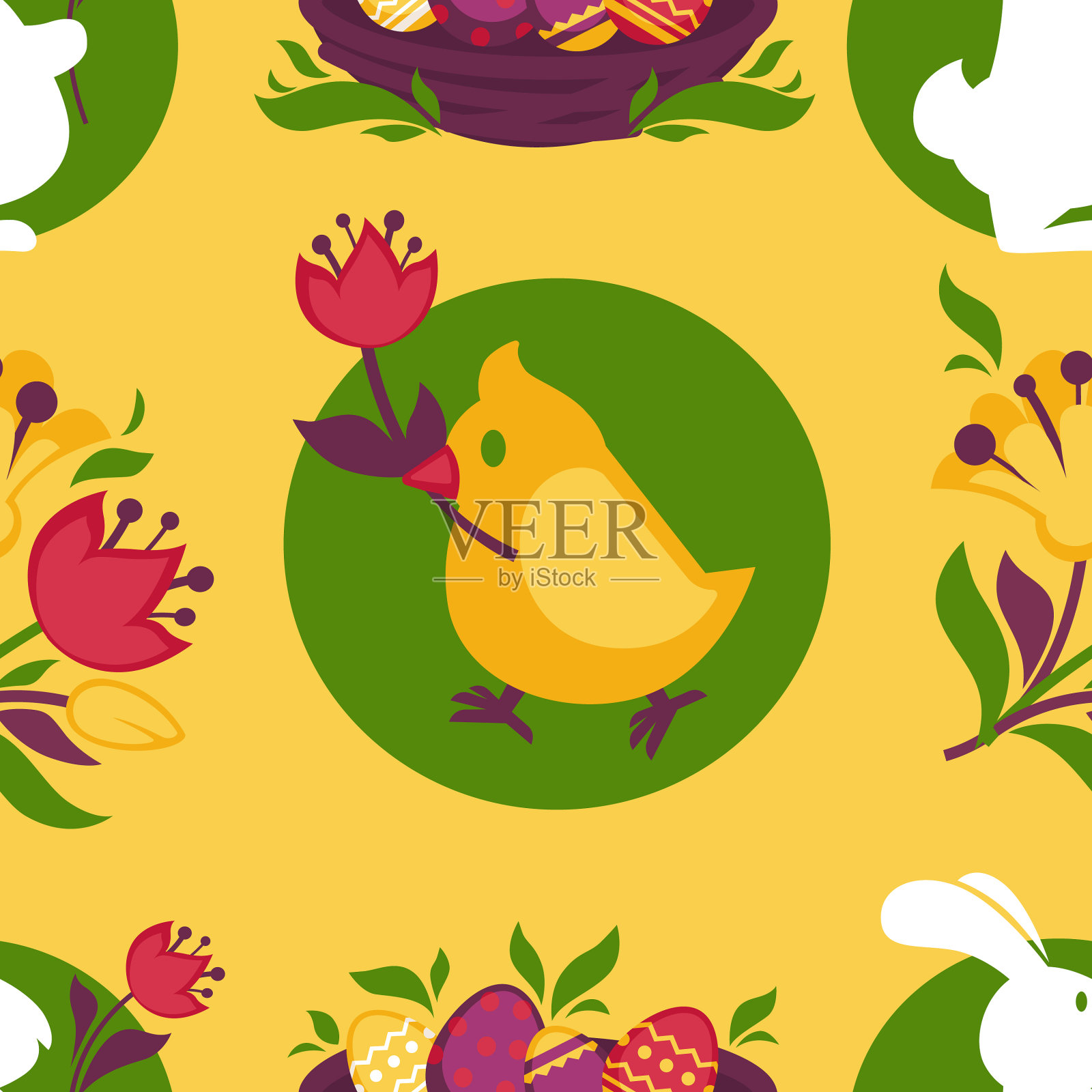 复活节图案逾越节彩蛋兔子和小鸡插画图片素材