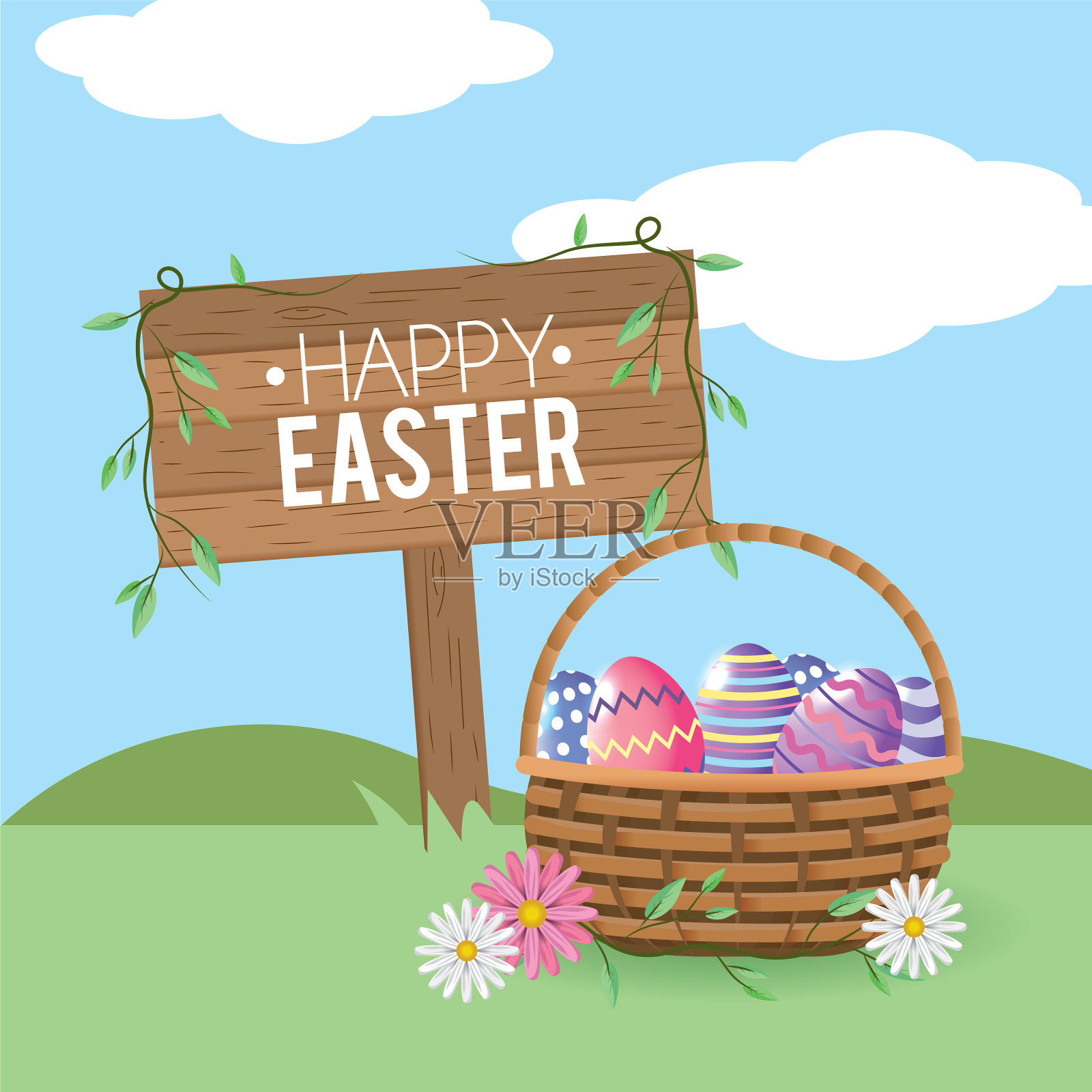复活节快乐木制标志，里面有复活节彩蛋插画图片素材