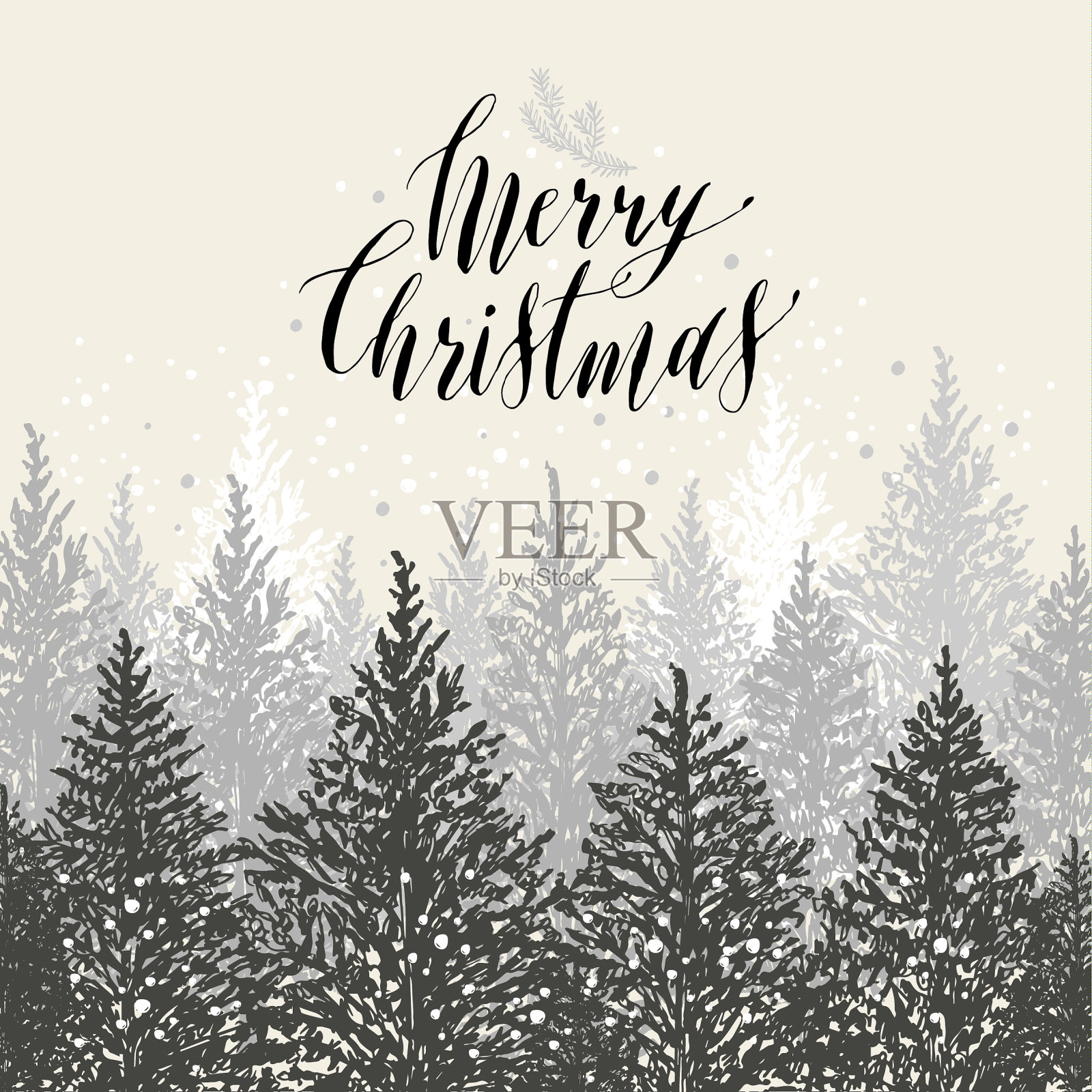 手绘圣诞贺卡与新年树插画图片素材