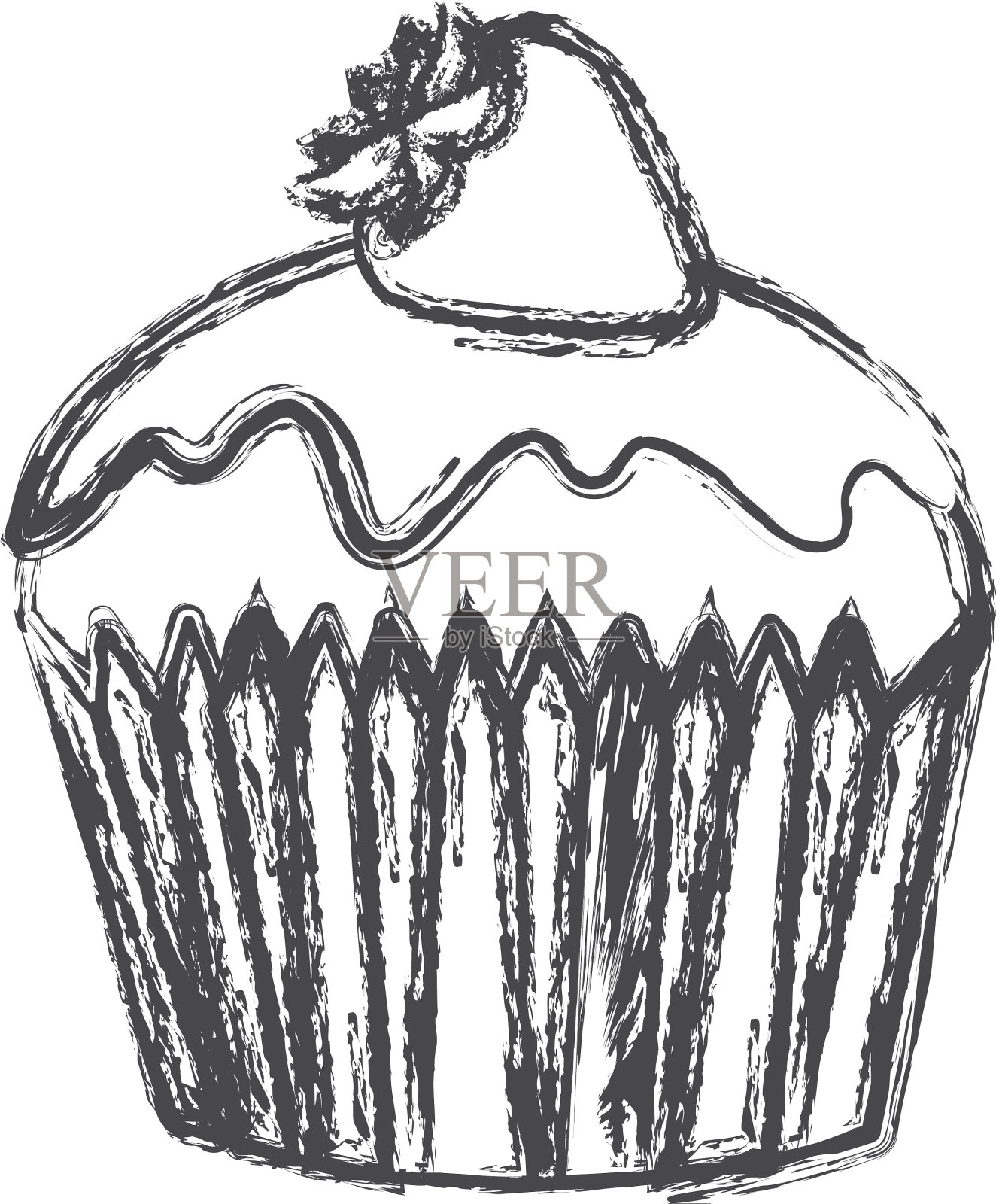 模糊剪影素描纸杯蛋糕与草莓插画图片素材