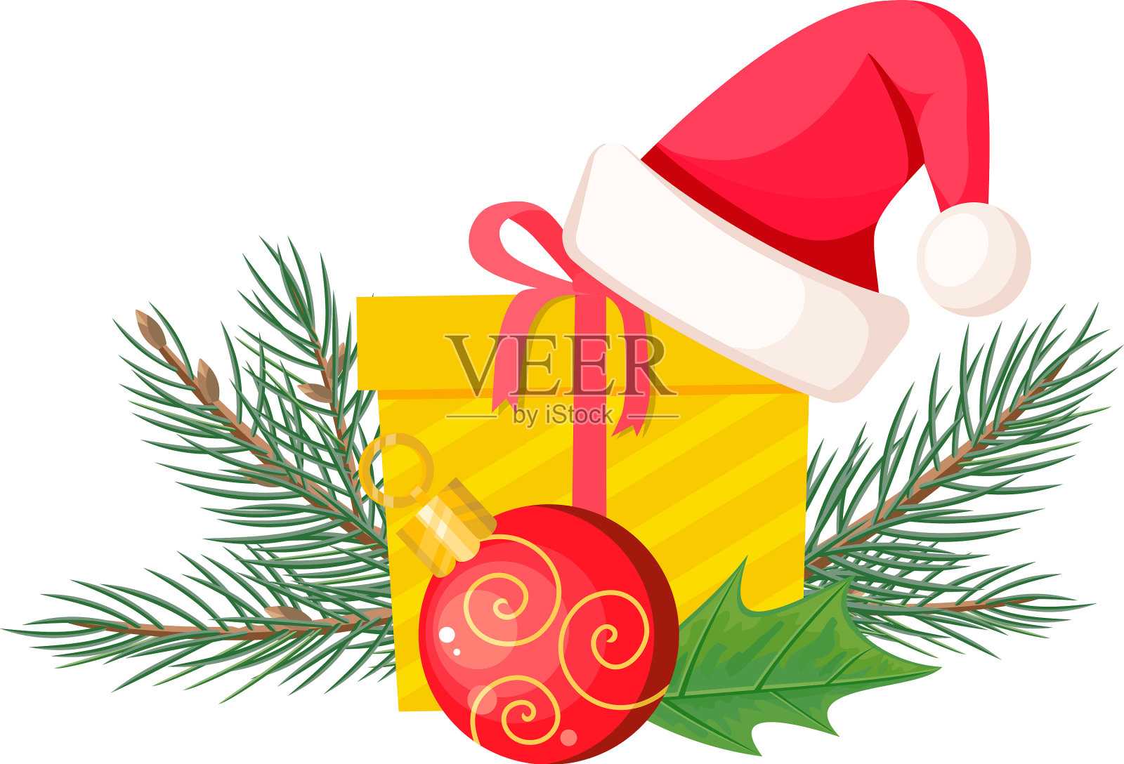 圣诞老人的帽子在常青圣诞树附近的礼物盒设计元素图片